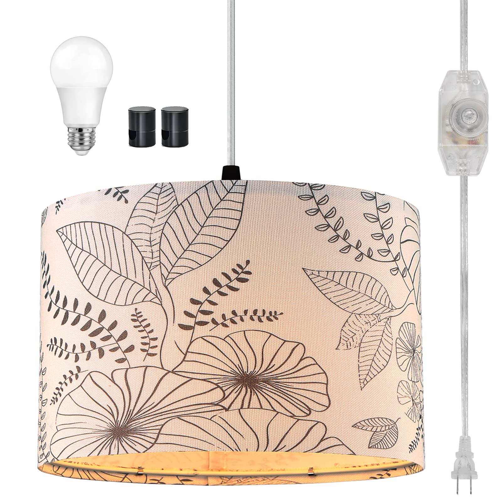 CINSARY Plug-in Pendant Light with Dimmable Switch, 15 ft Clear Cord, Linen Fabric, Flower Color, Bulb Included