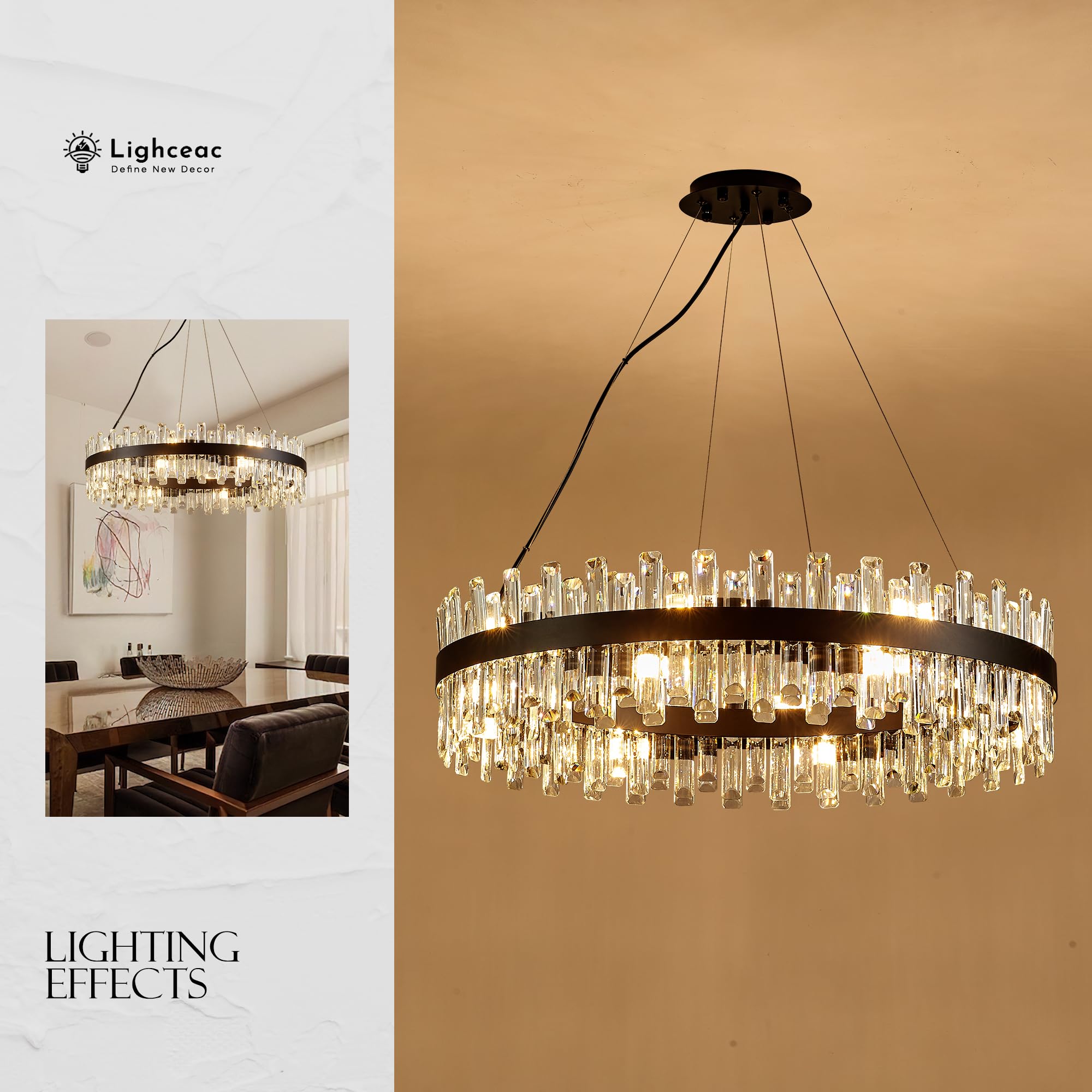 lighceac 31.9" Black Crystal Chandelier Light Fixtures, 16-Light Modern Pendant for Dining Room, Kitchen, Entryway, Model LX-2409-16B