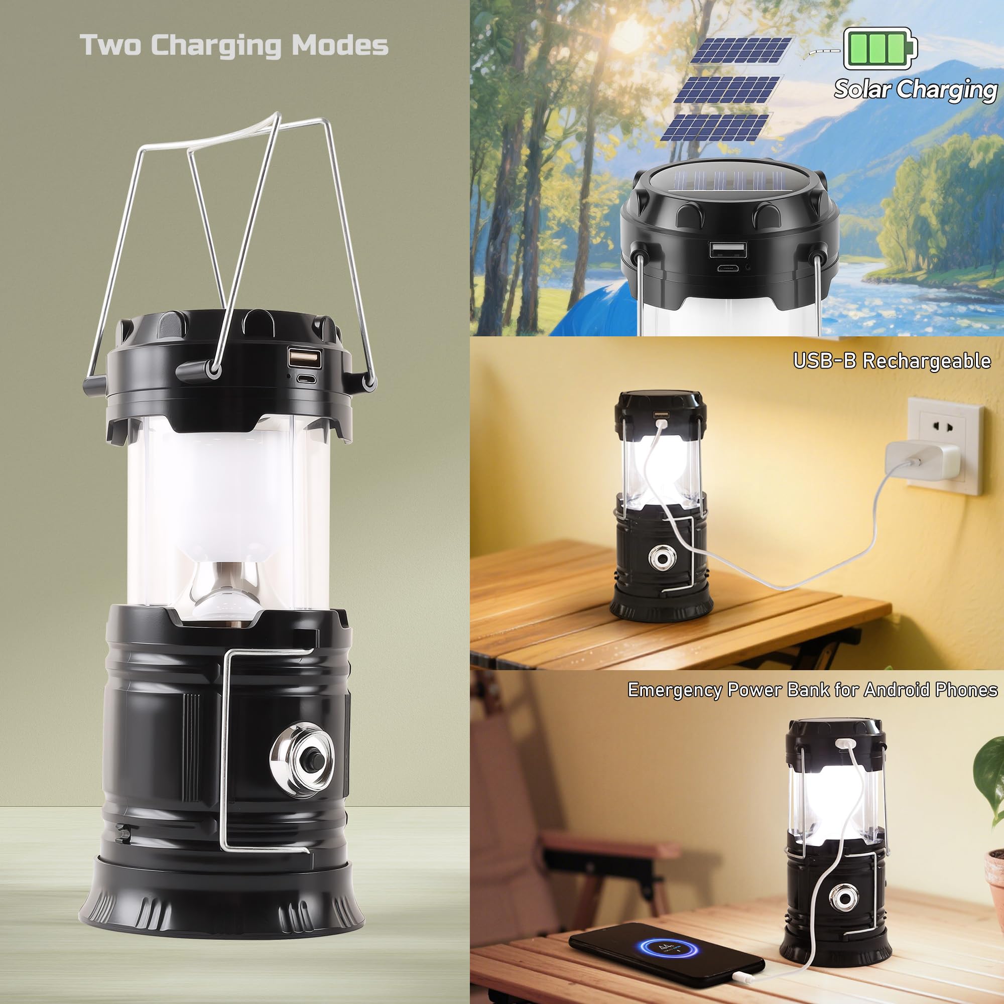 Lichamp Collapsible Solar Camping Lantern, USB Rechargeable LED Flashlight, 4-Pack, Black, Model CLS-L004BK