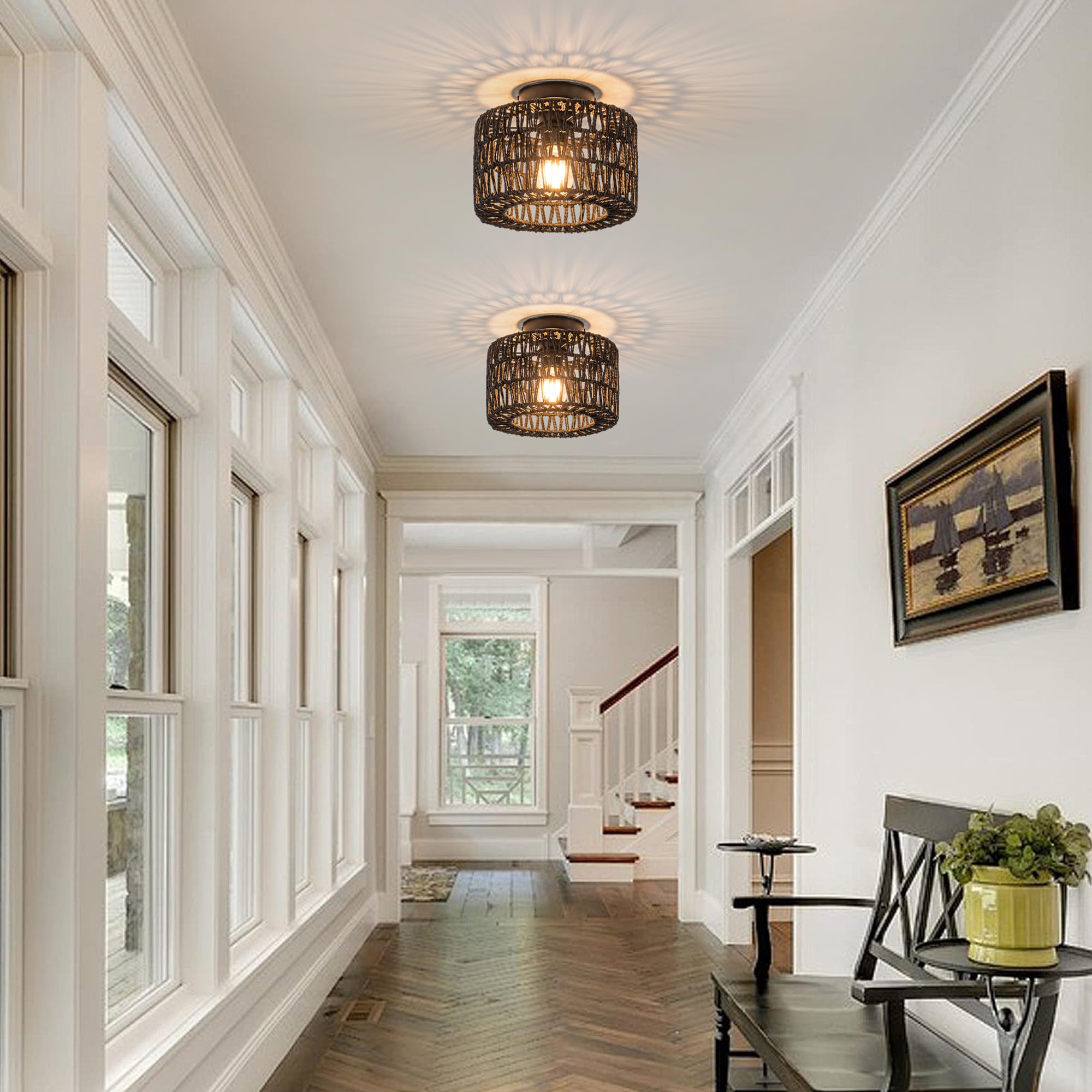 Rpzloila Rattan Ceiling Light, 1 Light Farmhouse Woven Flush Mount Ceiling Light, Boho Light Fixture For Bedroom Living Room Hal