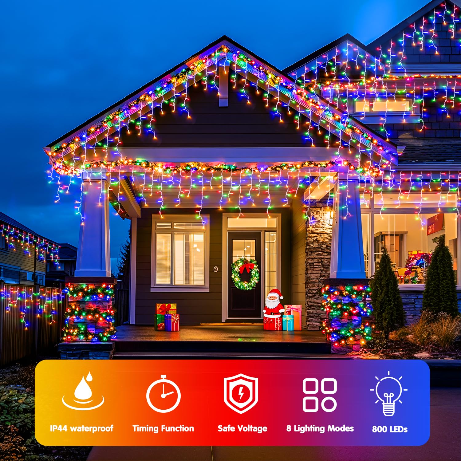JMEXSUSS 800 LED Christmas Icicle Lights, Multicolor, Waterproof, 8 Modes, Model EXS-I-0800