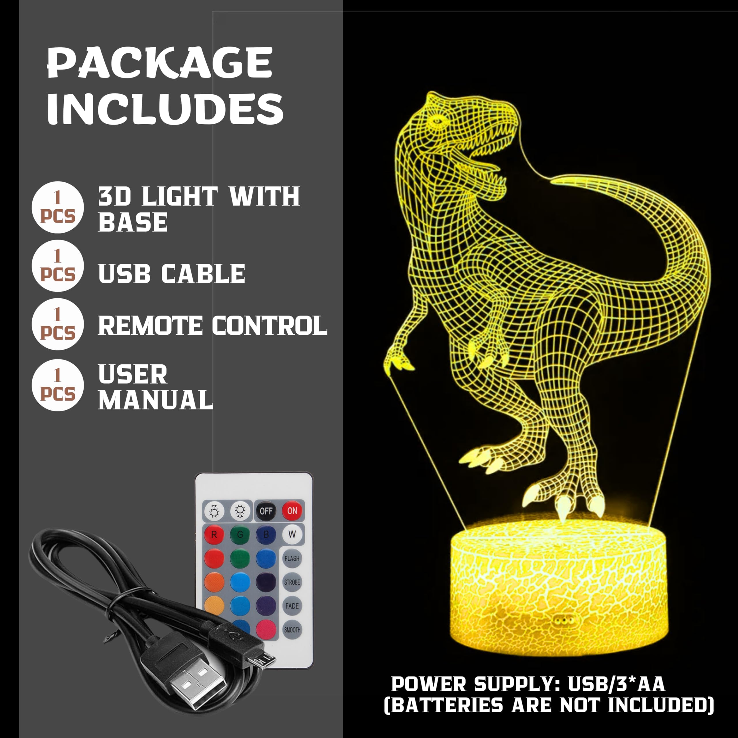 Dinosaur Night Light 3D Illusion - Dinosaur Nightlight For Boys Girls With 16 Color Changing Led Dino Light Acrylic Night Light
