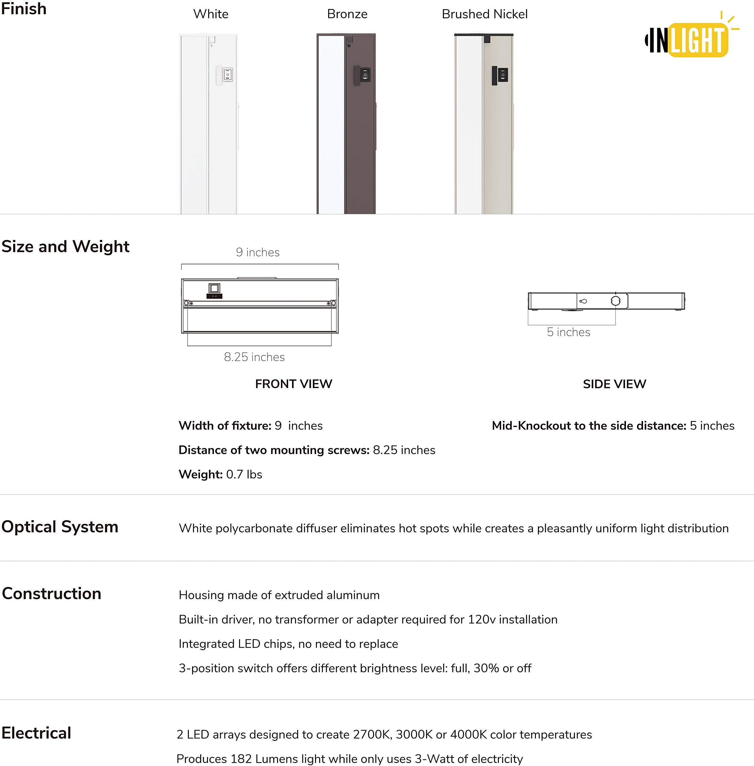 Getinlight 9-Inch 3 Color Levels Led Under Cabinet Lighting, Hardwired Or Plugged-In, Selectable White 2700K/3000K/4000K, Dimmab
