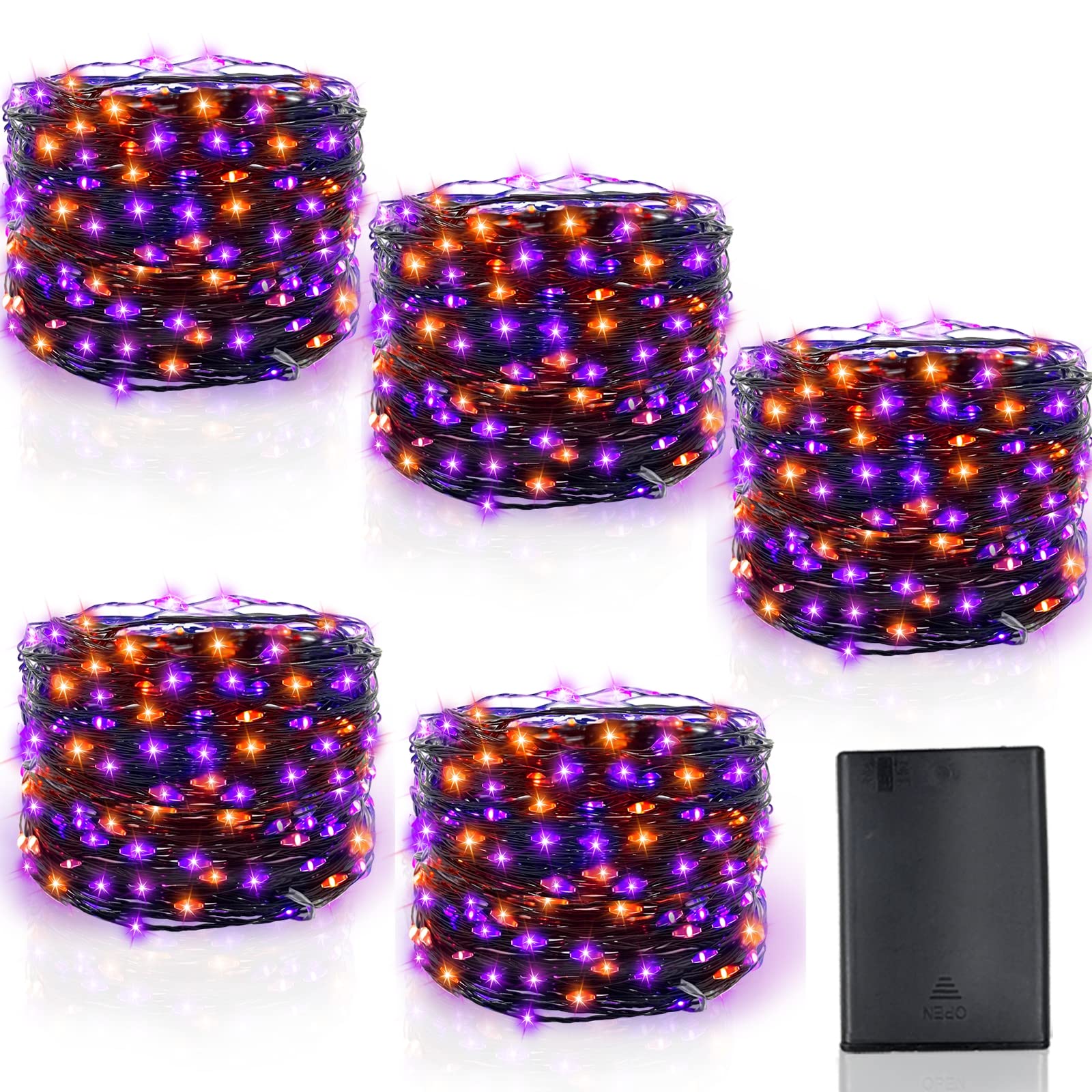 TURNMEON [5Pack&Timer] Halloween Lights Decorations, Total 250LED/82Ft Black Wired String Fairy Orange Purple Lights Battery Ope