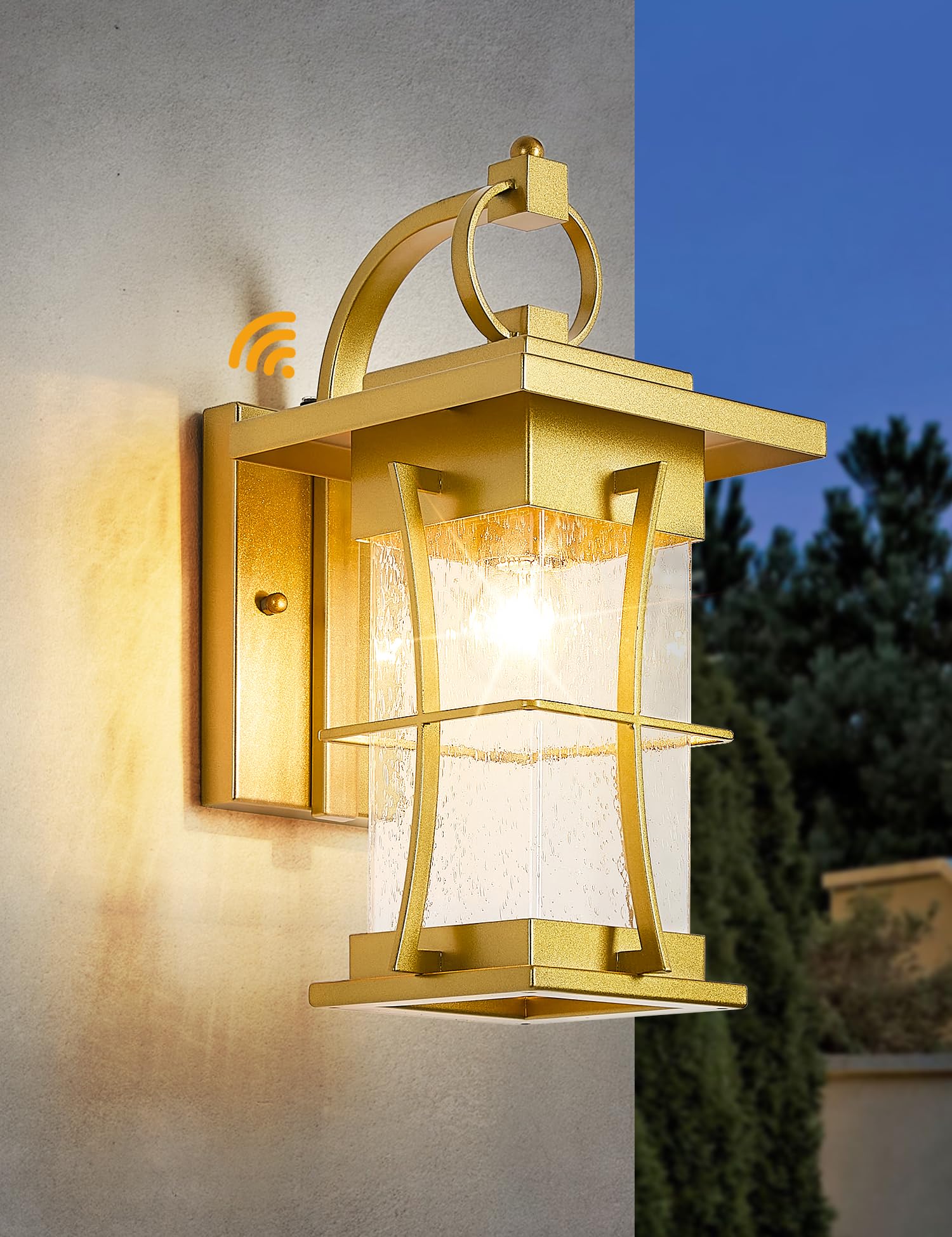 EERU Gold Outdoor Wall Lantern with Photocell Sensor, Large Metal Sconce, Waterproof, Seeded Glass for House, Patio, Garage