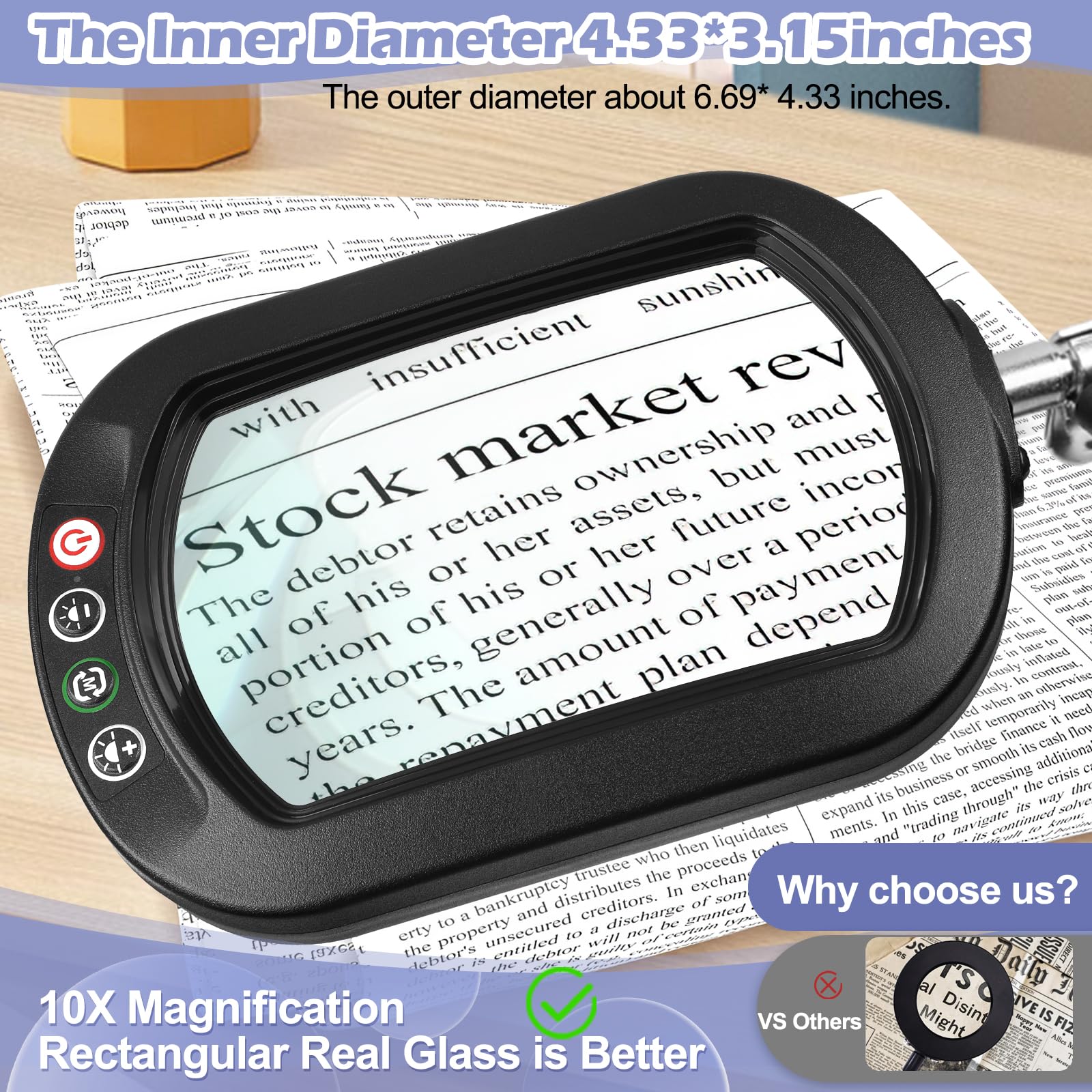 10X Square Magnifying Glass With Light And Stand, Real Glass Led Lighted Magnifier, 5 Color Modes Stepless Dimmable, Hands-Free