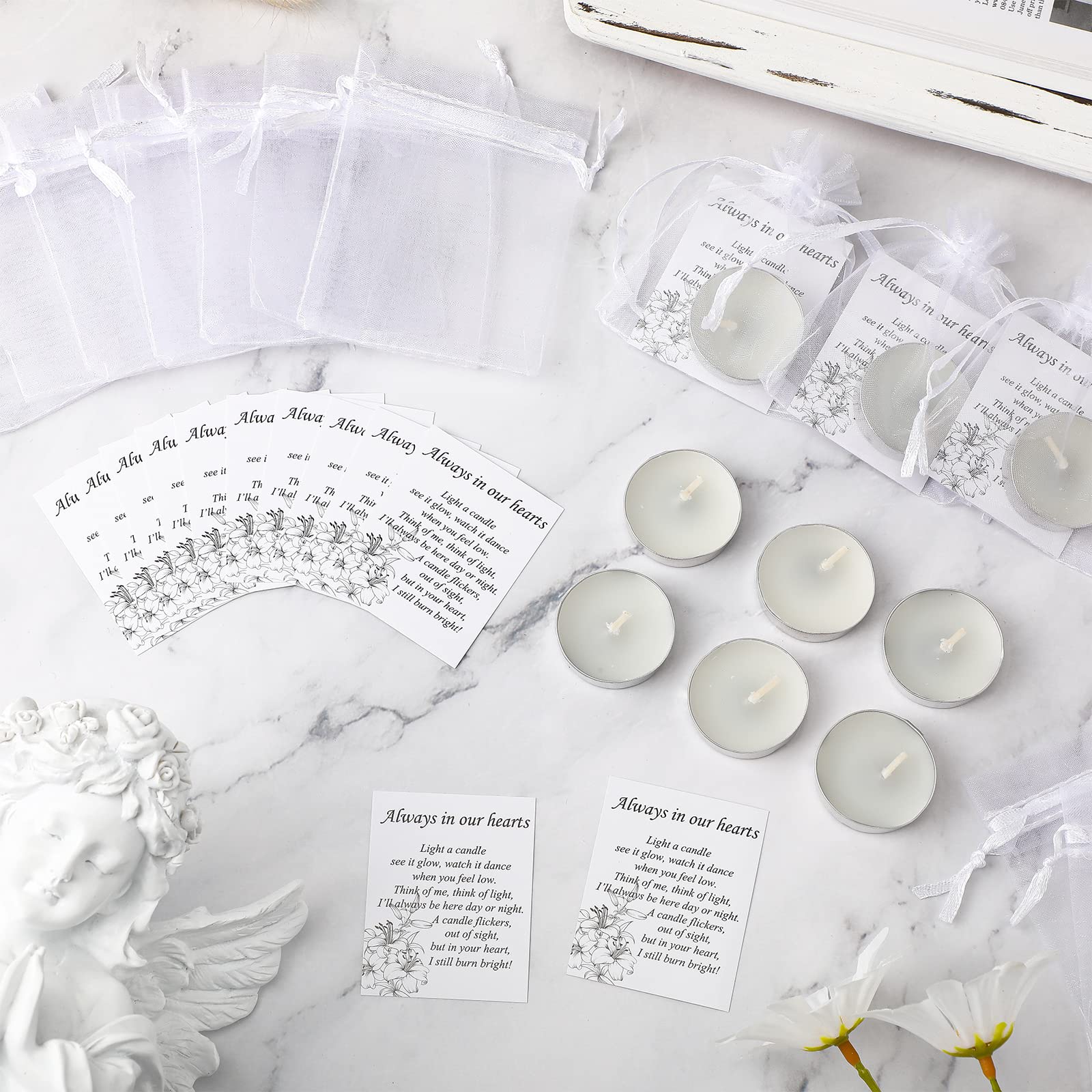 Coume 50 Set Funeral Favors Memorial Tealight Candles Unscented White Candles Funeral Gift Candles With Condolence Bereavement Cards And Organza Bags For Guest Furneral Party (Minimalist)