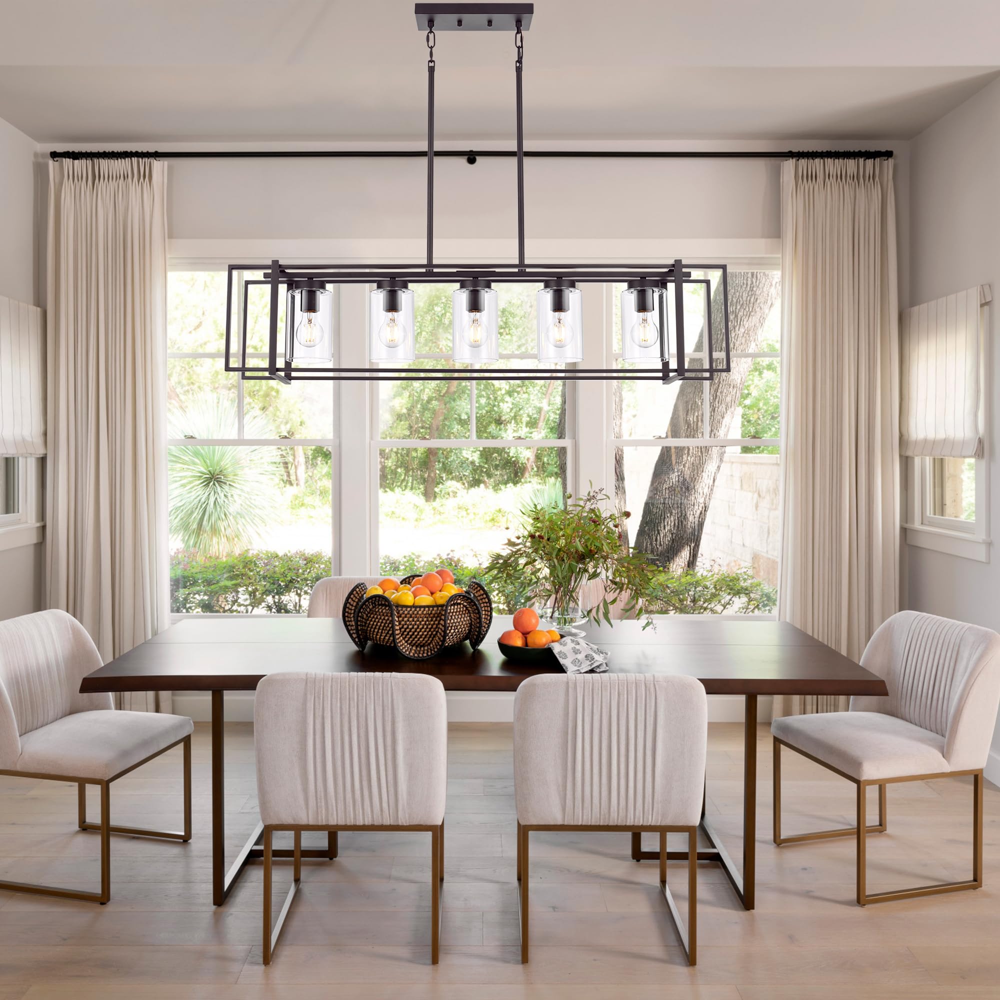 Lucidce 5-Light Industrial Pendant Lighting, Oil-Rubbed Bronze, Adjustable Rectangular Frame, Transparent Glass Shades, Model 011P-OB