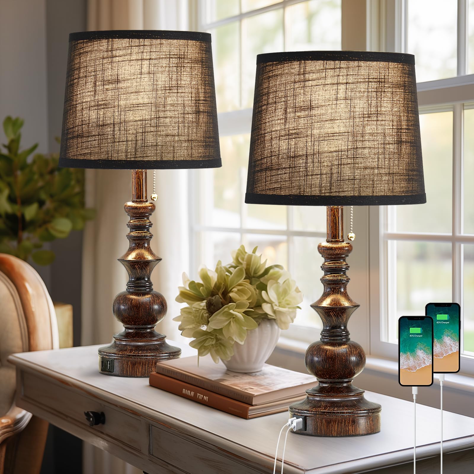 Drawealth Vintage Bedside Table Lamps Set of 2 for Bedroom Nightstand Lamps with USB Charging Ports Rustic Farmhouse Small Table