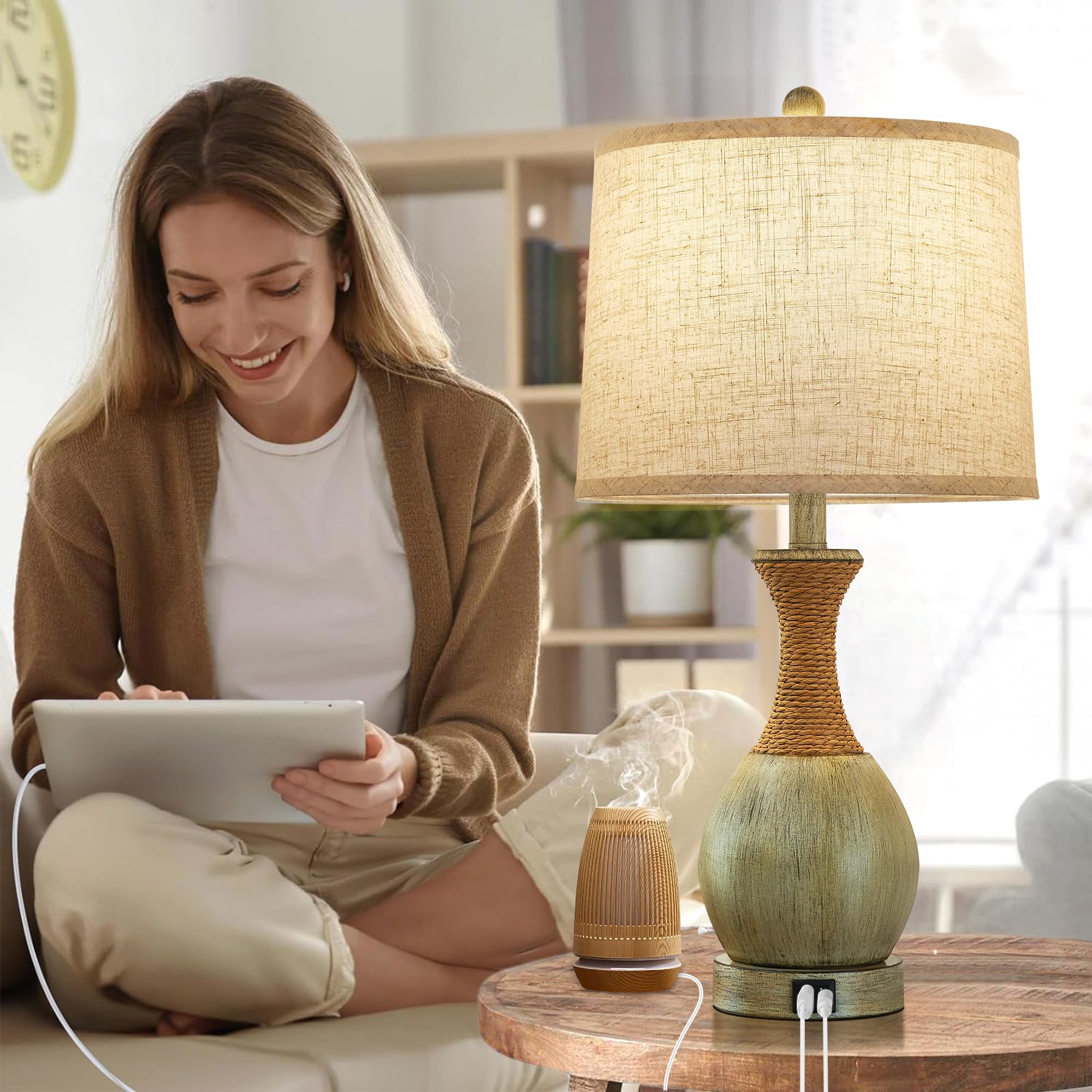 EJIAXIN Table Lamp Set of 2 - Boho Rattan Design, 3 Color Temperatures, USB Charging, Gray - Ideal for Bedroom and Living Room