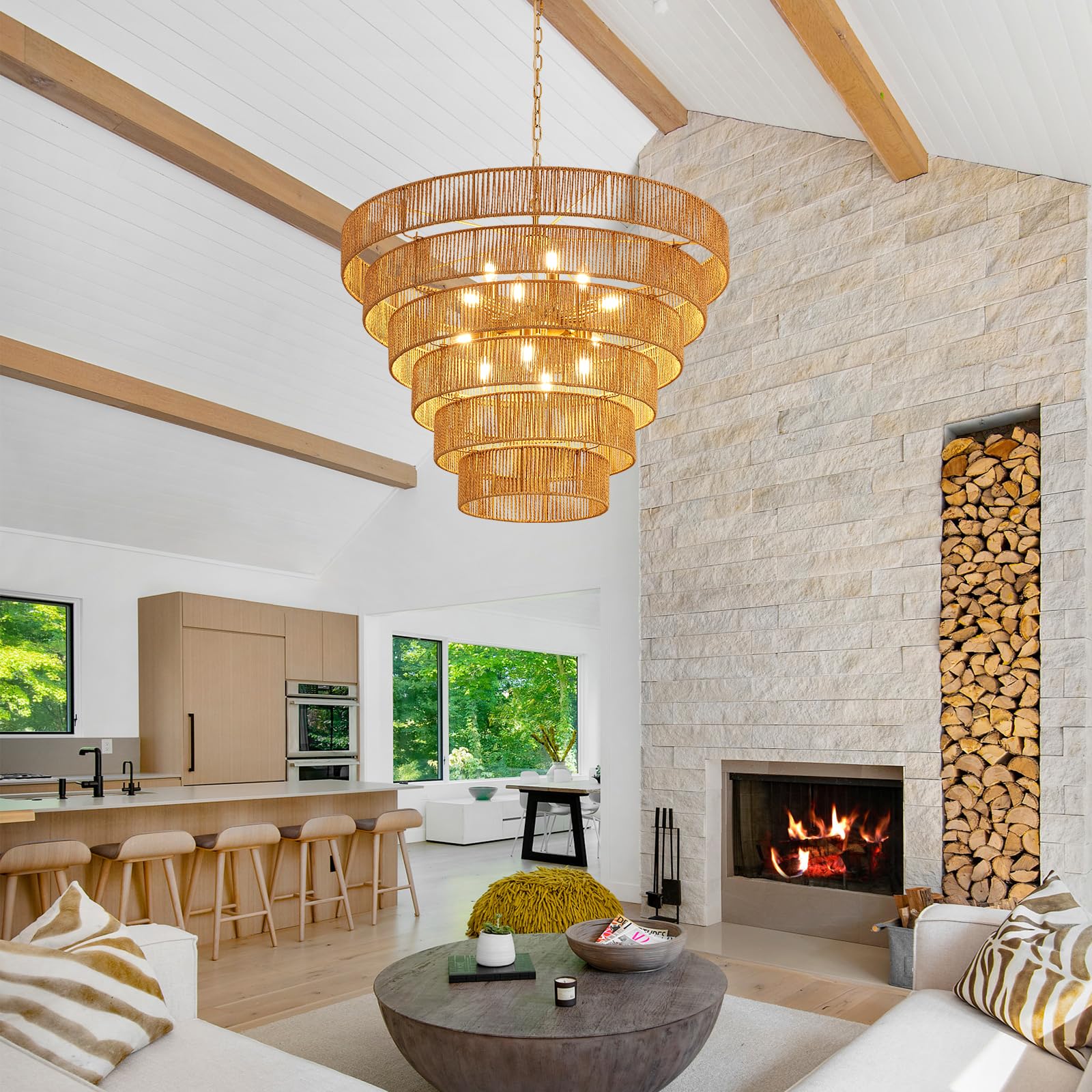 YOMECOO 31.49" Large Rattan Chandelier, Vintage Boho 12-Lights, Hand-Woven Bamboo, Rustic Gold Light Fixture for Dining Room, Kitchen