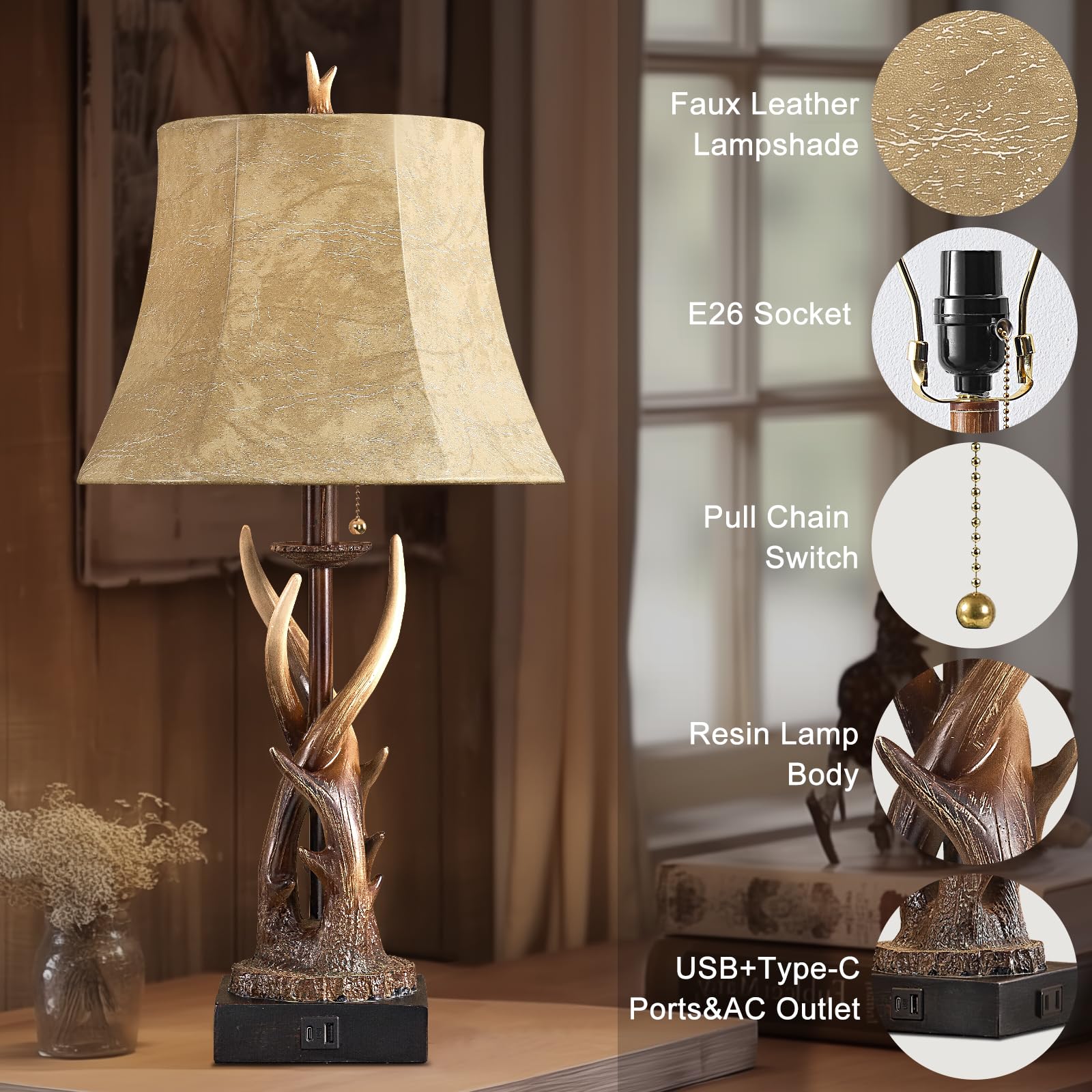 Bowobo Antler Table Lamps Set Of 2 With Usb A+C Ports For Bedroom Farmhouse Deer Rustic Bedside Lamps With Faux Leather Bell Sha
