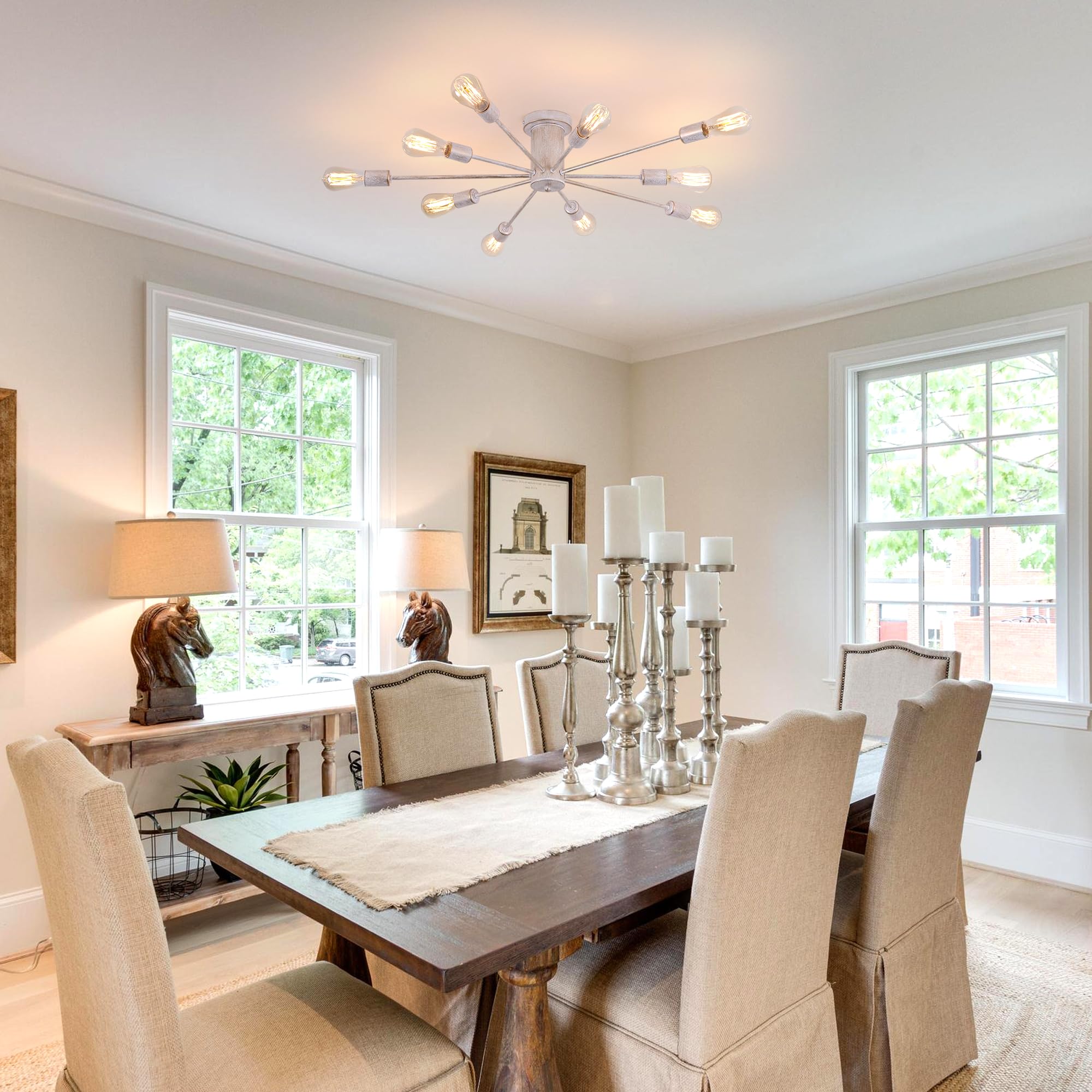 Garwarm Modern Sputnik Chandelier Ceiling Light Fixtures,10-Lights Mid Century Industrial Metal Semi Flush Mount Ceiling Lights