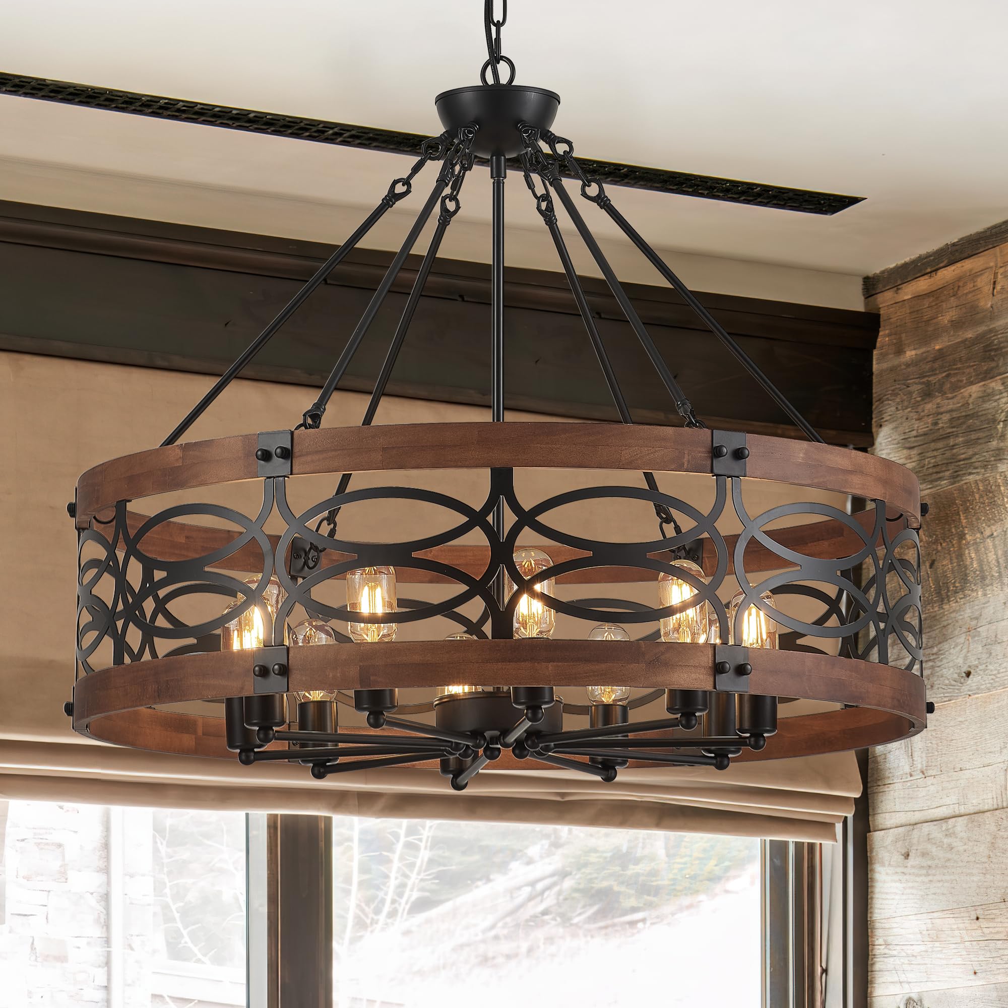 Faibra 10-Light Farmhouse Drum Wood Pendant Light,32.24'' Vintage Rustic Brown Oak Wood Chandeliers,Retro Industrial Hanging Lig