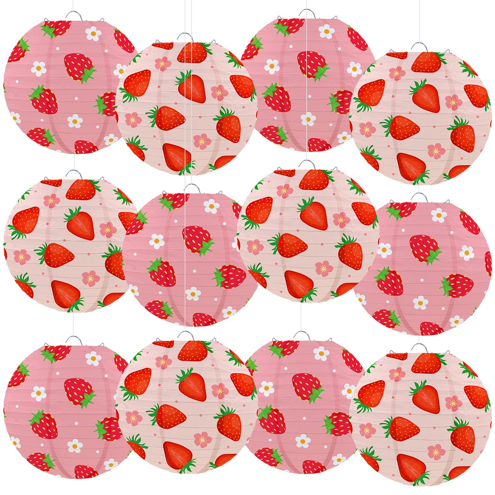Honoson 12 Pcs Red Pink Strawberry Paper Lanterns Strawberry Party Decoration 10 Inch Berry Round Hanging Lanterns for Birthday 