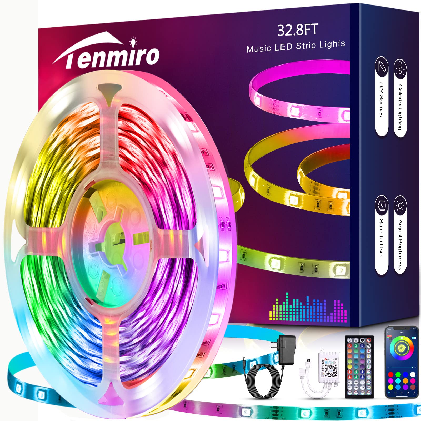 Tenmiro 32.8ft Led Band Lights  RGB LED Smart Music Sync Color Changing LED Lights Bands with Remote Led Lights for Bedroom  Kitchen  Home  TV  Parties and Fstivals