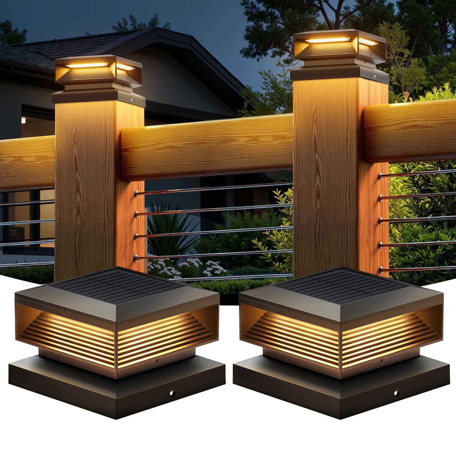 LETMY Solar Post Cap Lights, 2 Pack, 56 LEDs, Waterproof, for 4x4, 5x5, 6x6 Posts, Black, Model TPC005