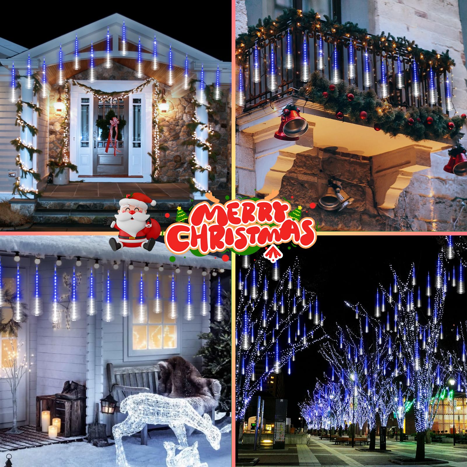 Knonew 2Pack Total 48 Tube Meteor Shower Lights 15 In 672 Leds Christmas Lights Outdoor Waterproof Plug In Falling Rain Light For Xmas Tree Wedding Party Garden Decorations (Blue And Cool White)