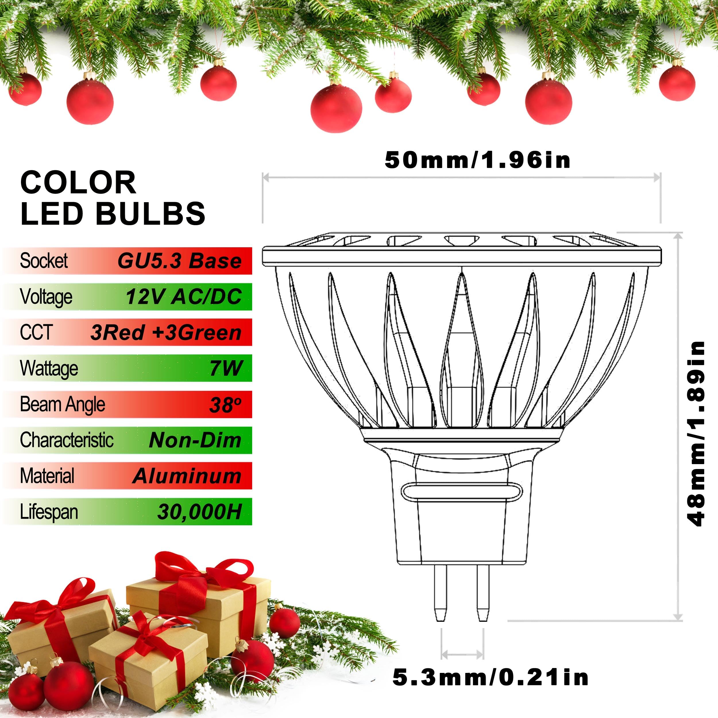 Alide Led Bulbs  7W Mr16  Red Green  38 Deg  6 Pack Mix  Replace 50W-75W Halogen  Low Voltage Ac/Dc12V  Gu5.3 Base  For Christmas Holiday Decoration  Outdoor Landscape Lighting