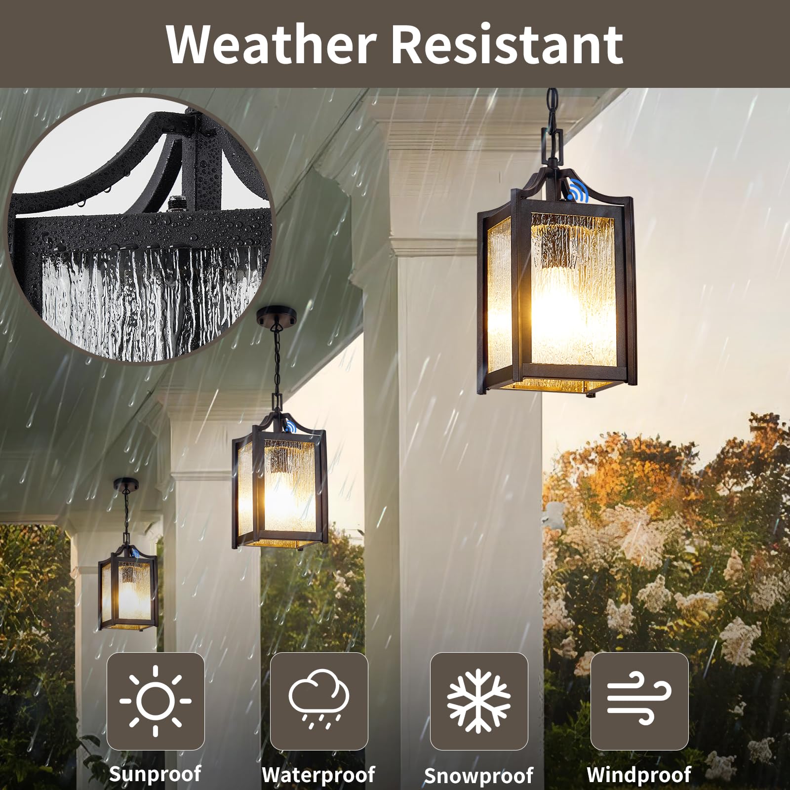 Osimir Outdoor Pendant Light - Modern Black Chandelier with Dusk to Dawn Sensor, Raindrop Glass, Adjustable Chain, Model OS-KY1003