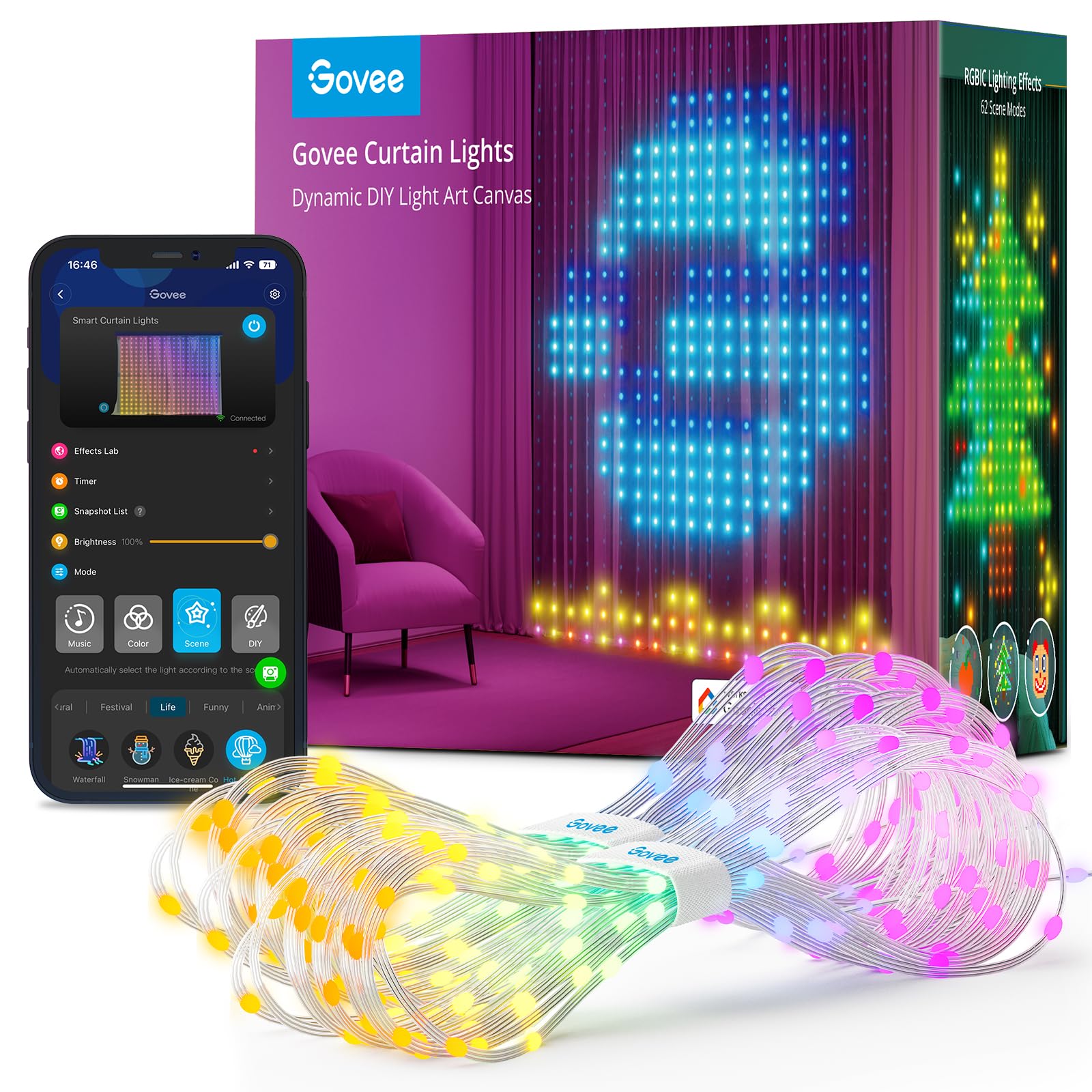 【Kenjik】Govee Curtain Lights 動的DIY Govee Curtain Lights, Smart LED Curtain Lights, Color Changing