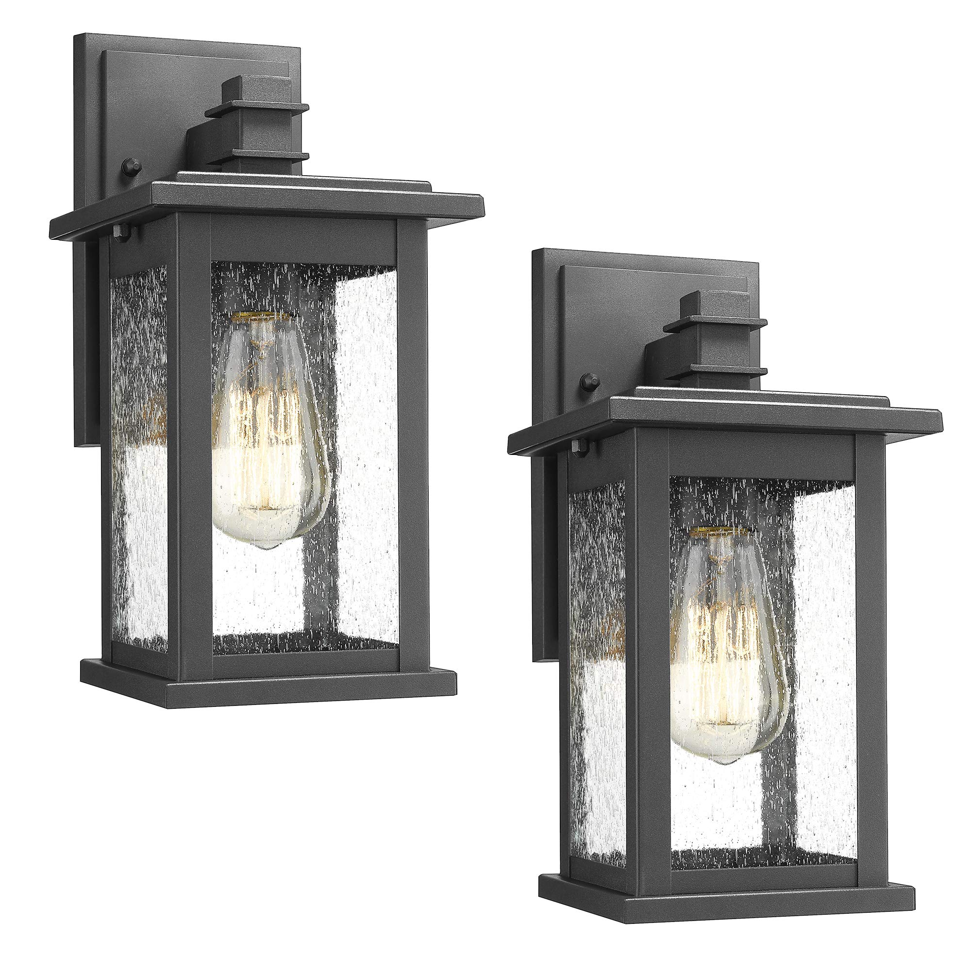 Emliviar 2 Pack Outdoor Wall Mount Lights, Black Lanterns With Clear Seeded Glass