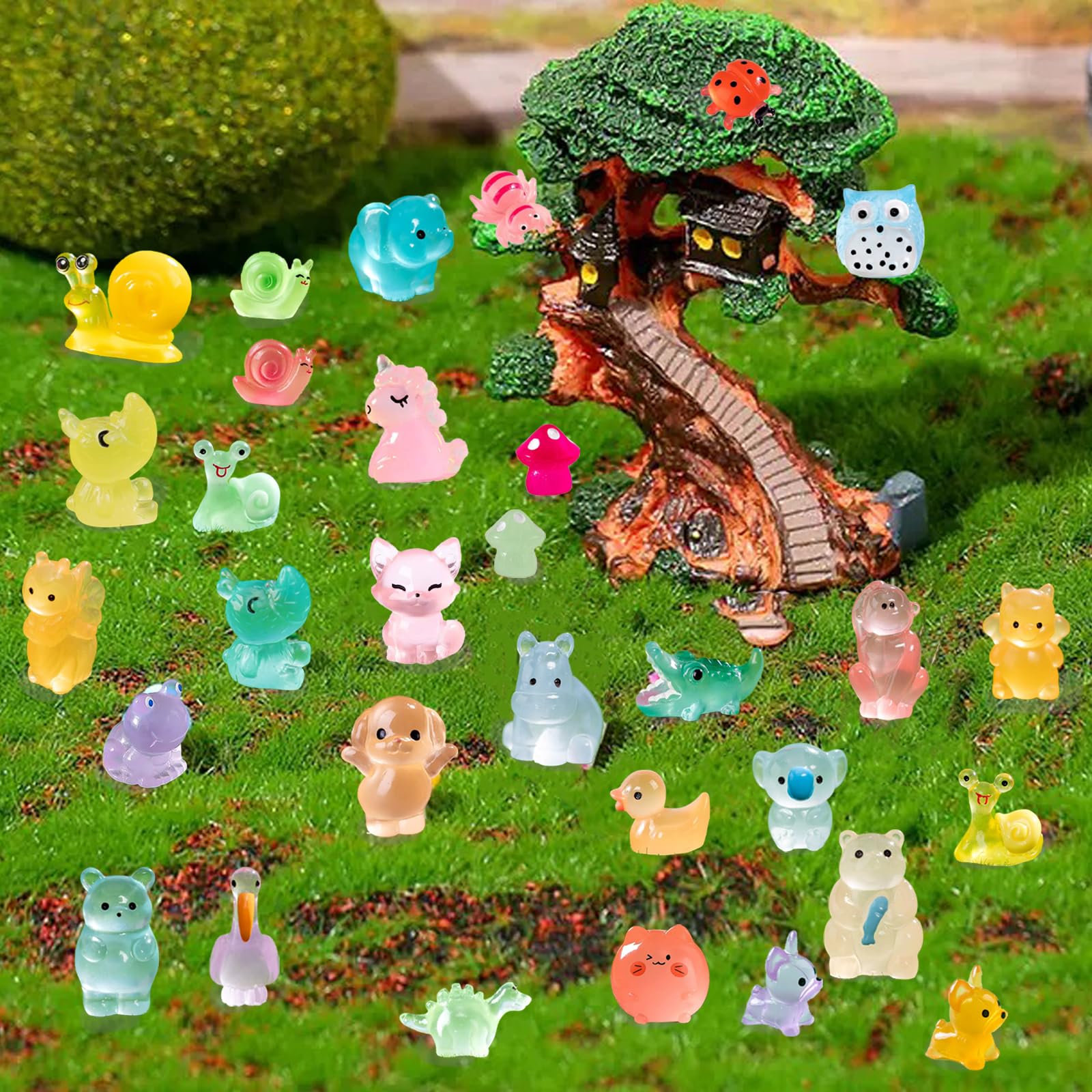 AllGemDiy Mini Resin Animals - 100 Pcs Glow in The Dark Figurines, Mixed Colors for Fairy Gardens and Outdoor Decor