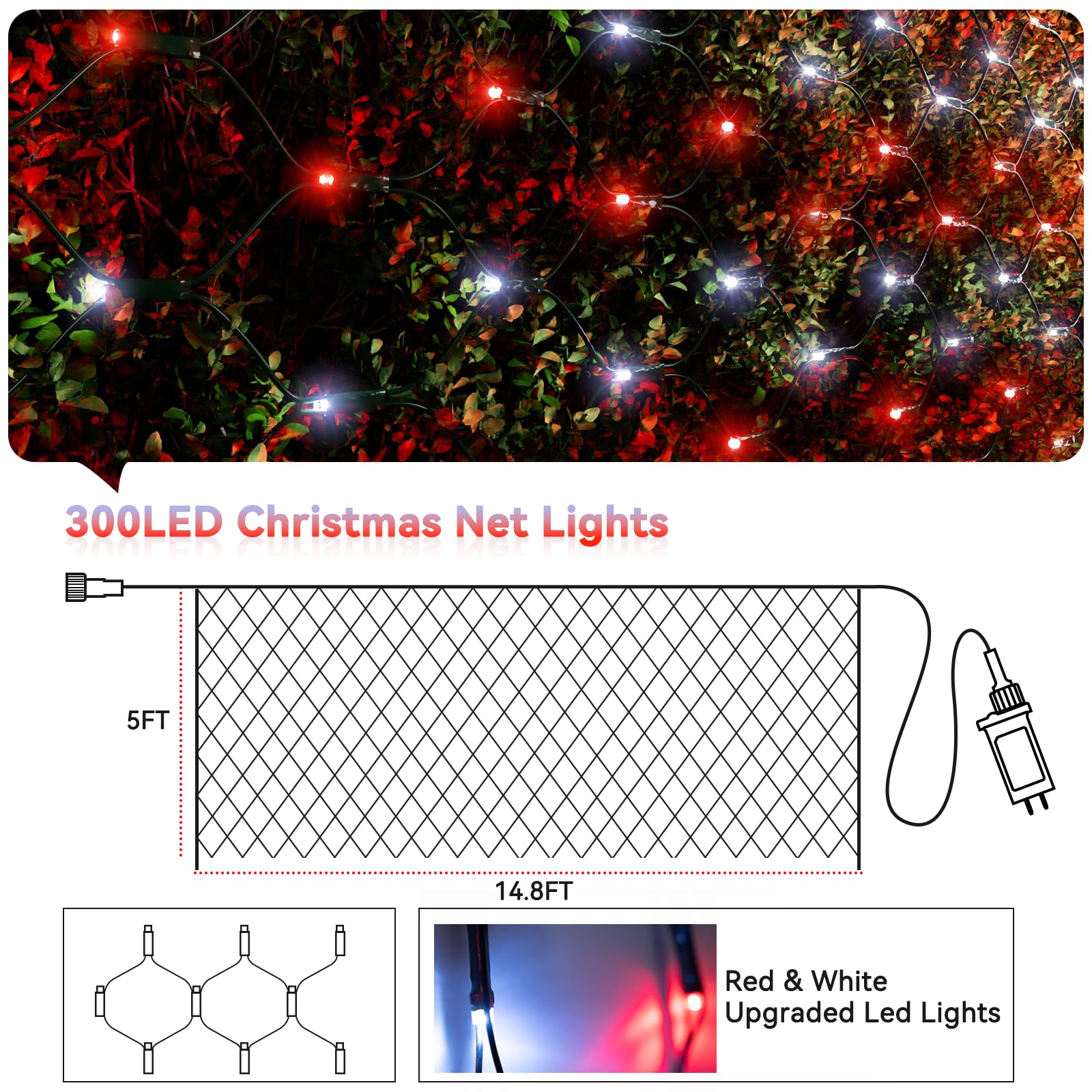 LitHome Christmas Net Lights - 300 LED Red & White, 14.8FT x 5FT, Waterproof, Connectable, Model B-RG-S-AA-04