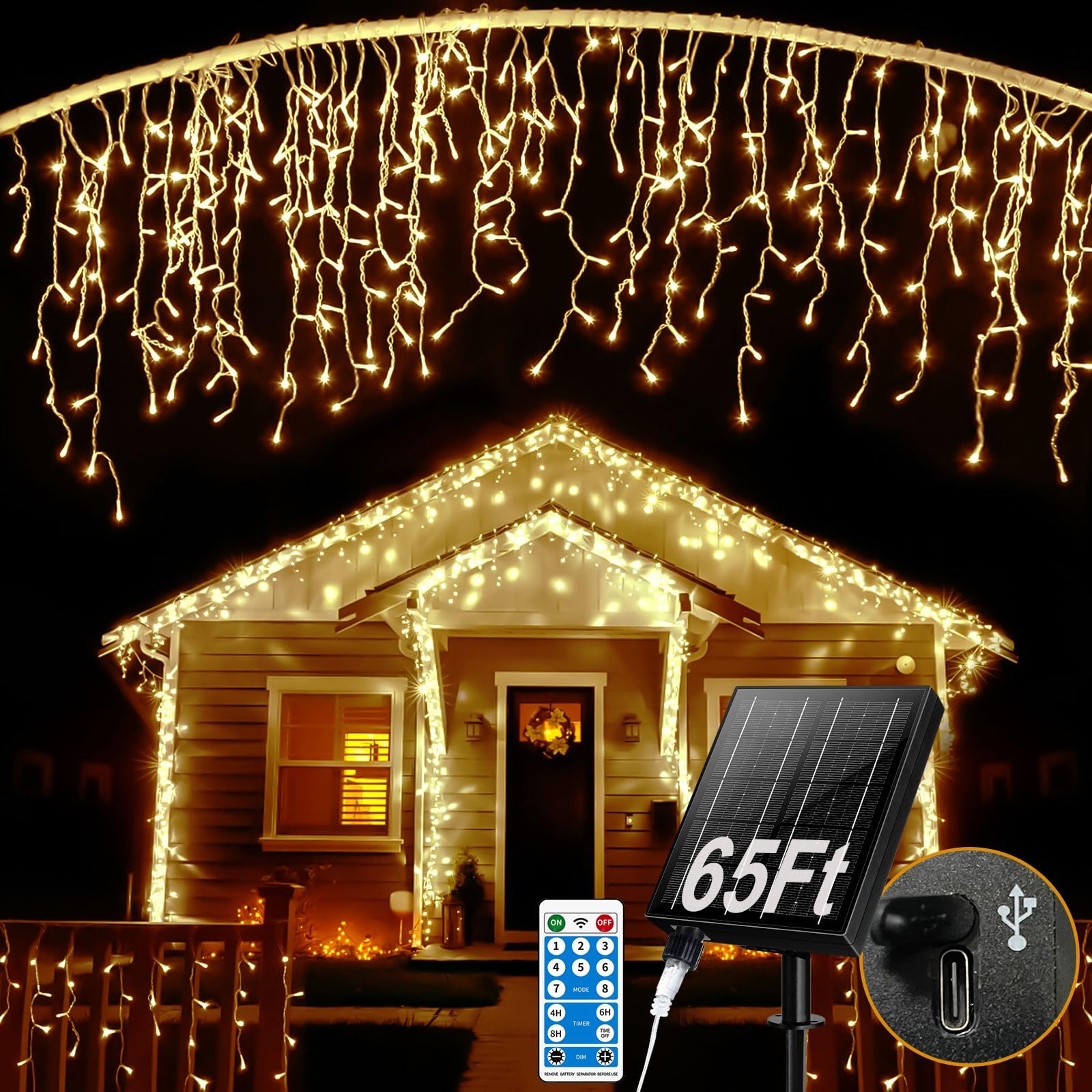 Ryblgled Solar Icicle Lights for Outside - 65Ft 506 LED Icicle Christmas Lights Outdoor Waterproof with Remote, Warm White Solar