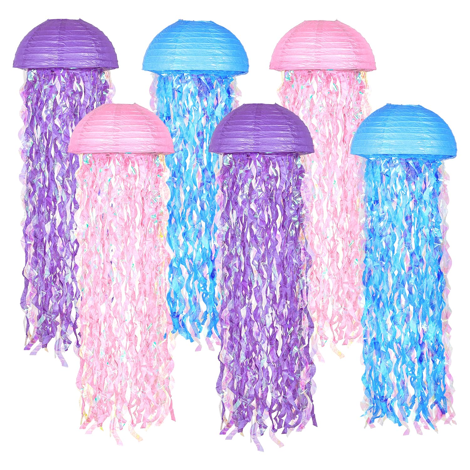 OBXT 10in Mermaid Jellyfish Lanterns Set of 6 - Multi-colored Paper Decorations for Ocean Themed Parties, Baby Showers, and Room Decor