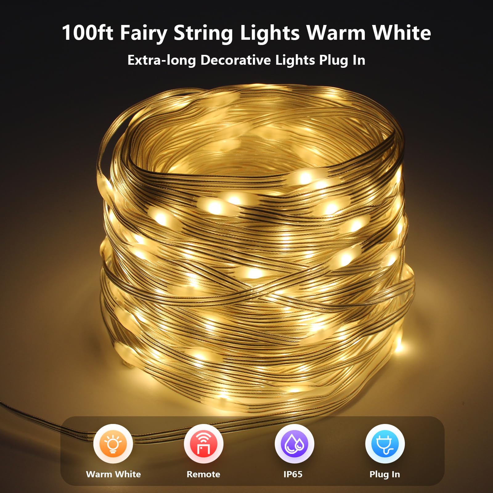 Glpe 100Ft 300 Led String Lights Plug In, Waterproof Warm White String Lights For Indoor Outdoor, 8 Modes Fairy Lights For Bedro
