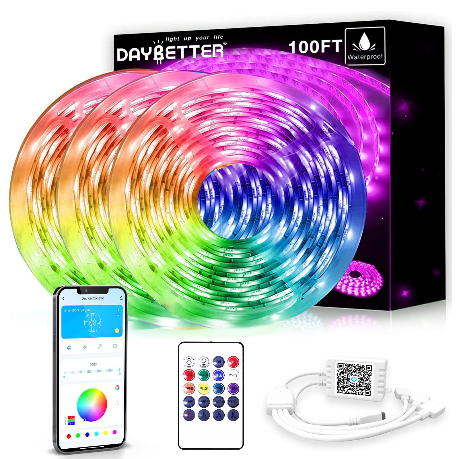 DAYBETTER Waterproof Led Lights for Bedroom, 100ft (3 Rolls of 32.8ft) Led Strip Lights, 900 LEDs Color Changing RGB 44 Keys Rem