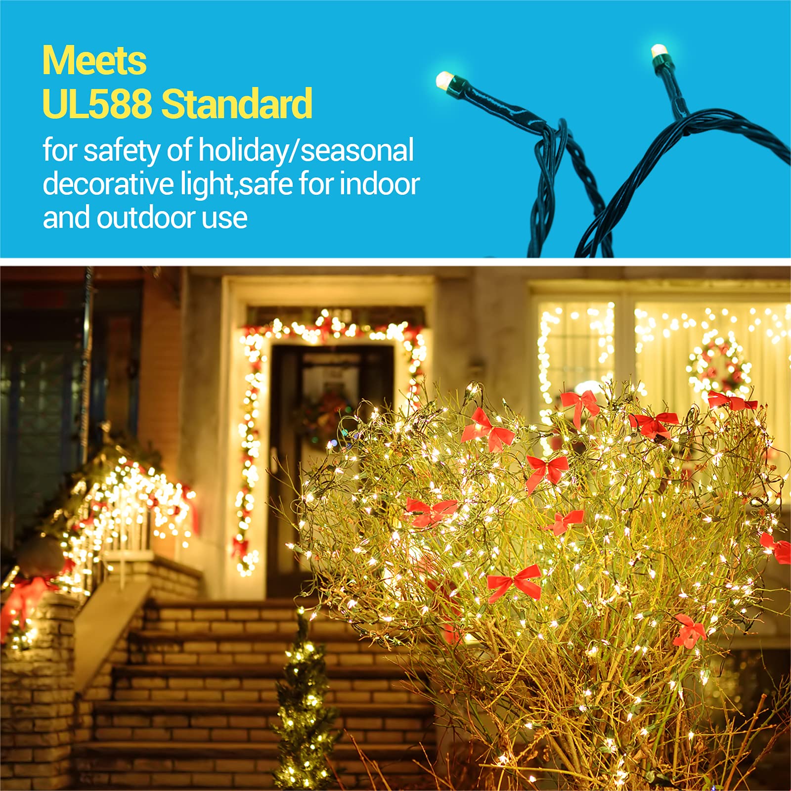 Outylts Christmas String Lights Outdoor Indoor, 110Ft 300Led Extend 9 Modes Color Changing Tree Lights Warm White Multi Color Christmas Lights, Waterproof Tree Lights Timer Remote