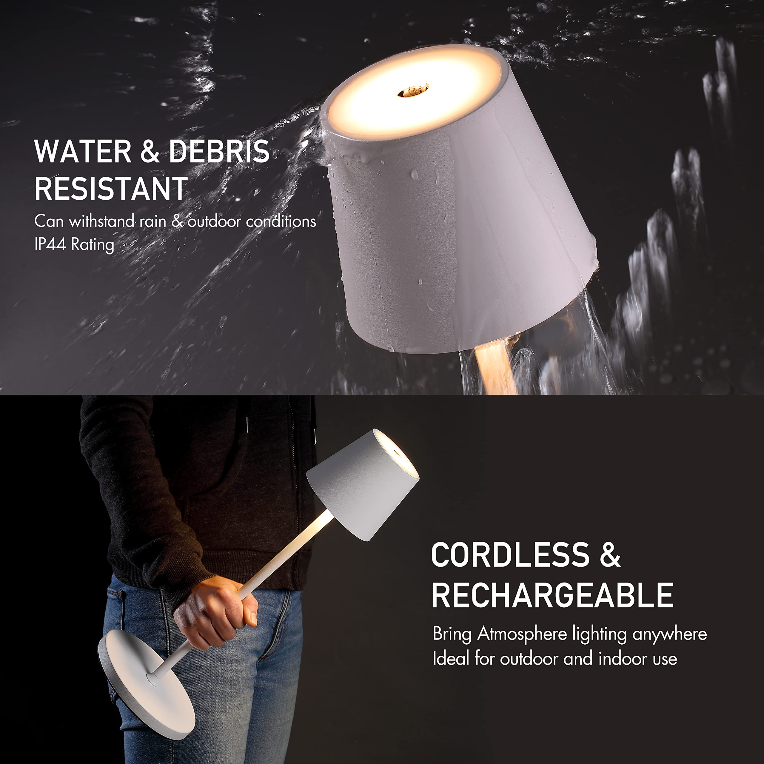 O'Bright Sandy Cordless LED Floor Lamp - Adjustable Height, Dimmable, Water Resistant, White, Model OB-FL21B for Indoor/Outdoor Use