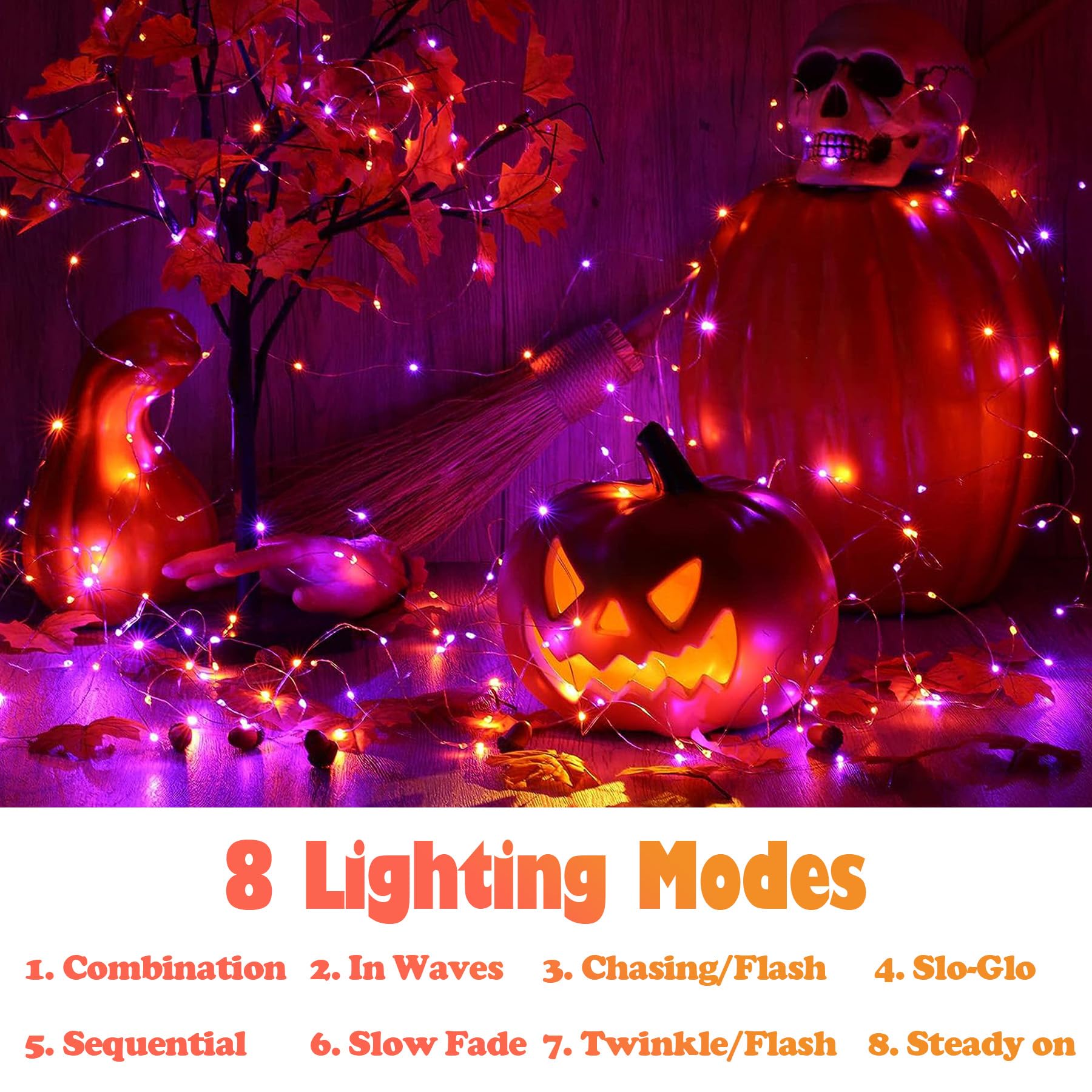 Lightop Halloween Solar Fairy Lights Outdoor Waterproof Copper Wire Orange Purple String Lights 2 Pack 33Ft 100Led For Christmas