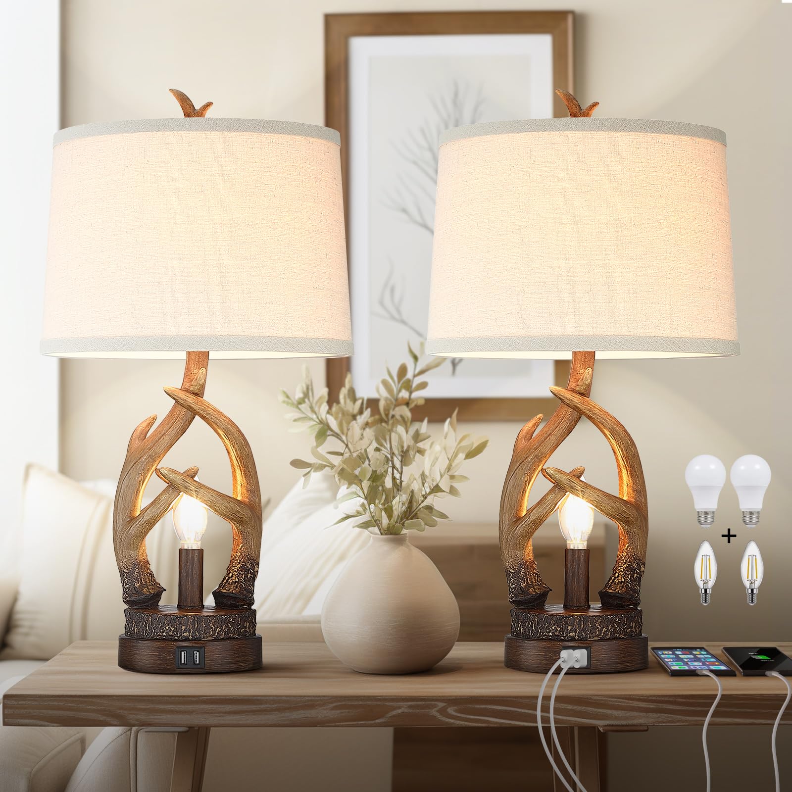 Altgedecor Rustic Table Lamps Farmhouse Antler Lamps Set Of 2 Western Bedside Lamps For Bedroom With Usb Charging Ports Nightlig