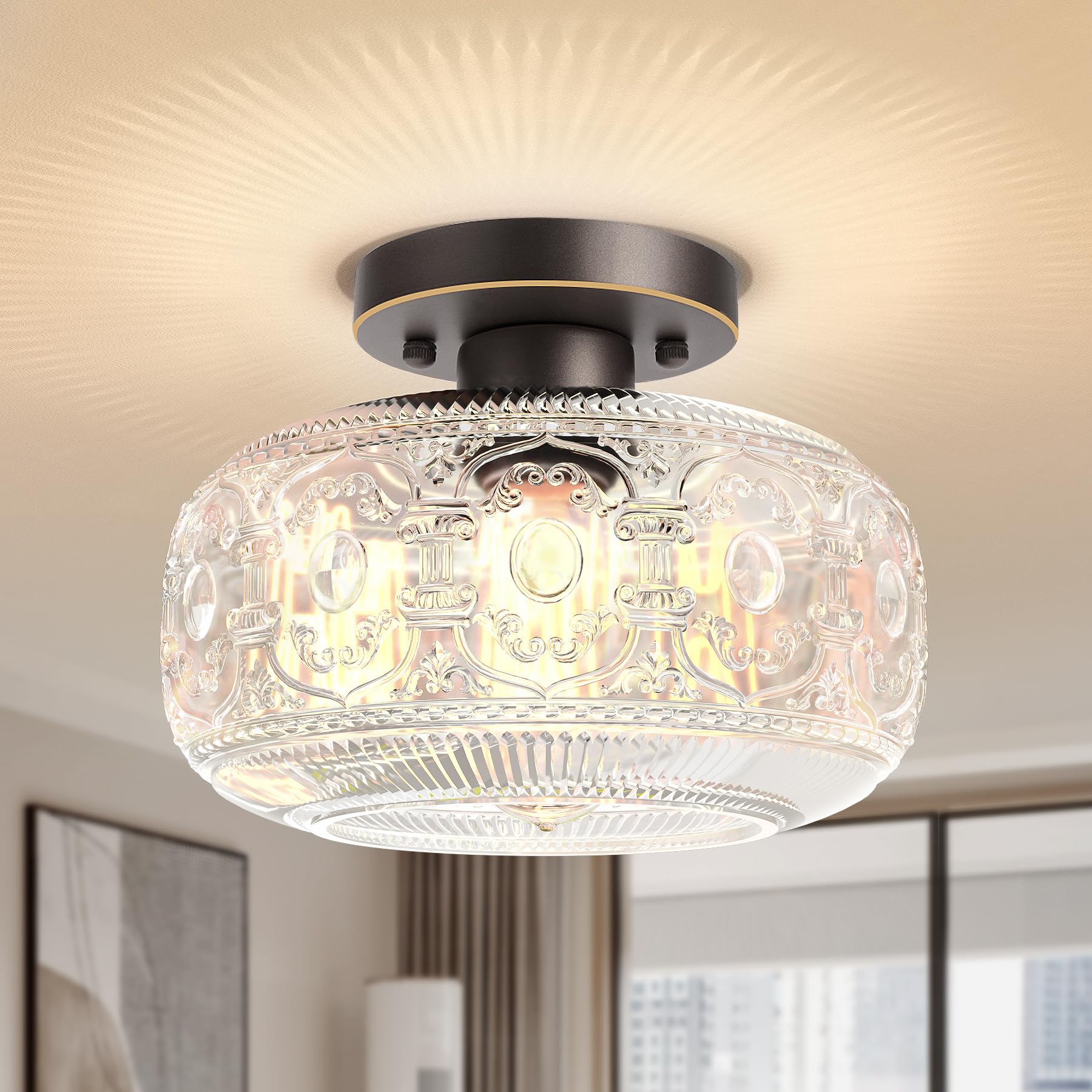 Oykyohei Semi Flush Mount Ceiling Light, Oil Rubbed Bronze With Gold Trim, Globe Glass Fixture