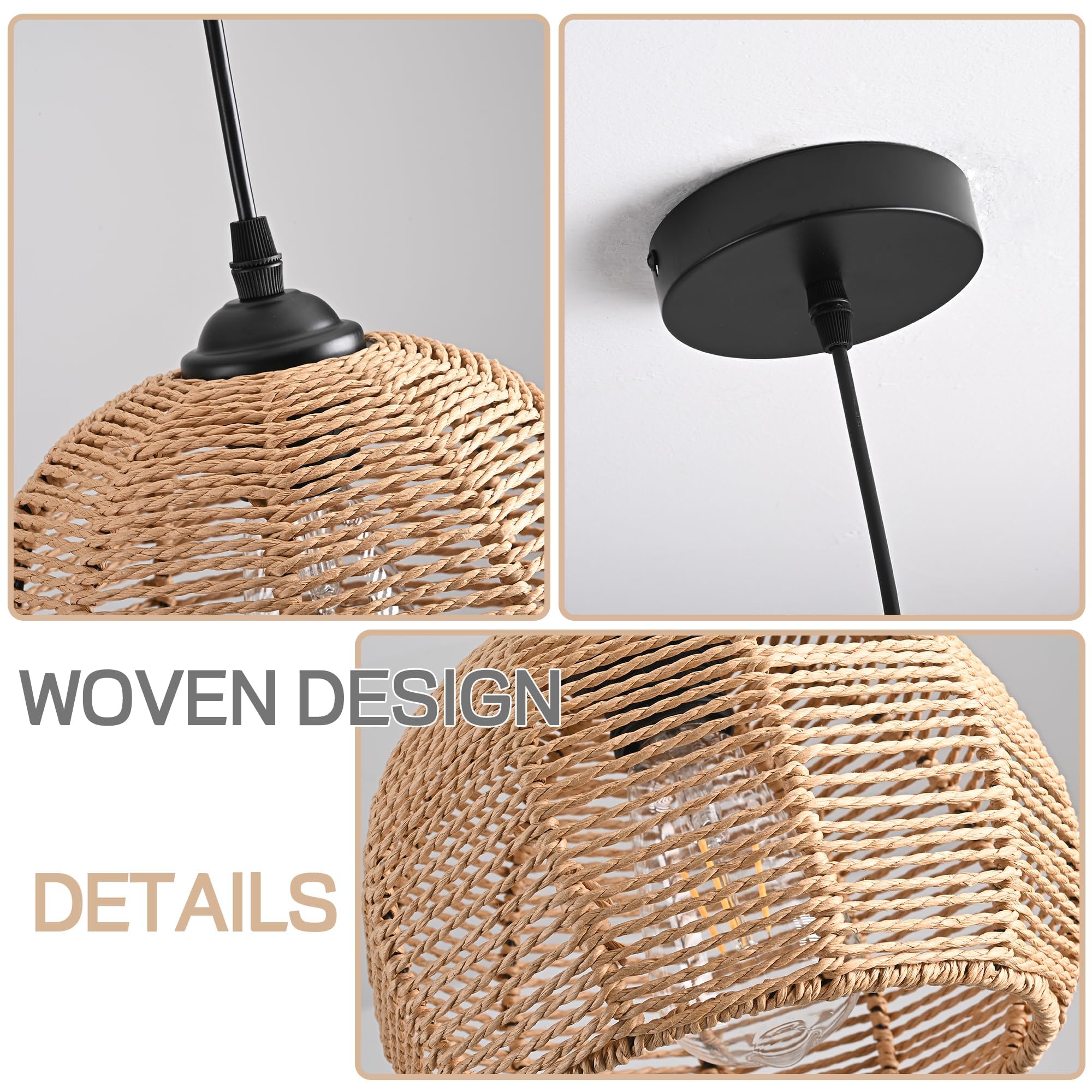 Ayshwilldec 3-Pack Natural Woven Wicker Pendant Lights, Boho Chandelier For Dining Room & Kitchen