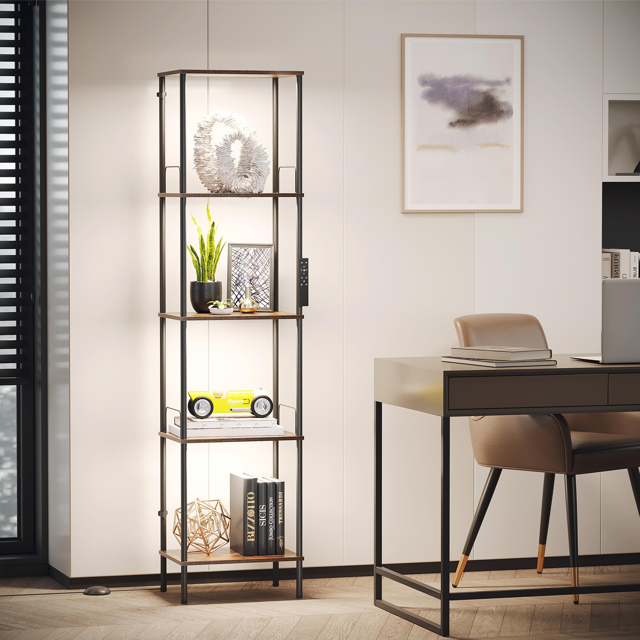 SUNMORY Display Shelf with Dimmable Lights, Adjustable Brightness, Rustic Brown, Wood, Model F00083014A