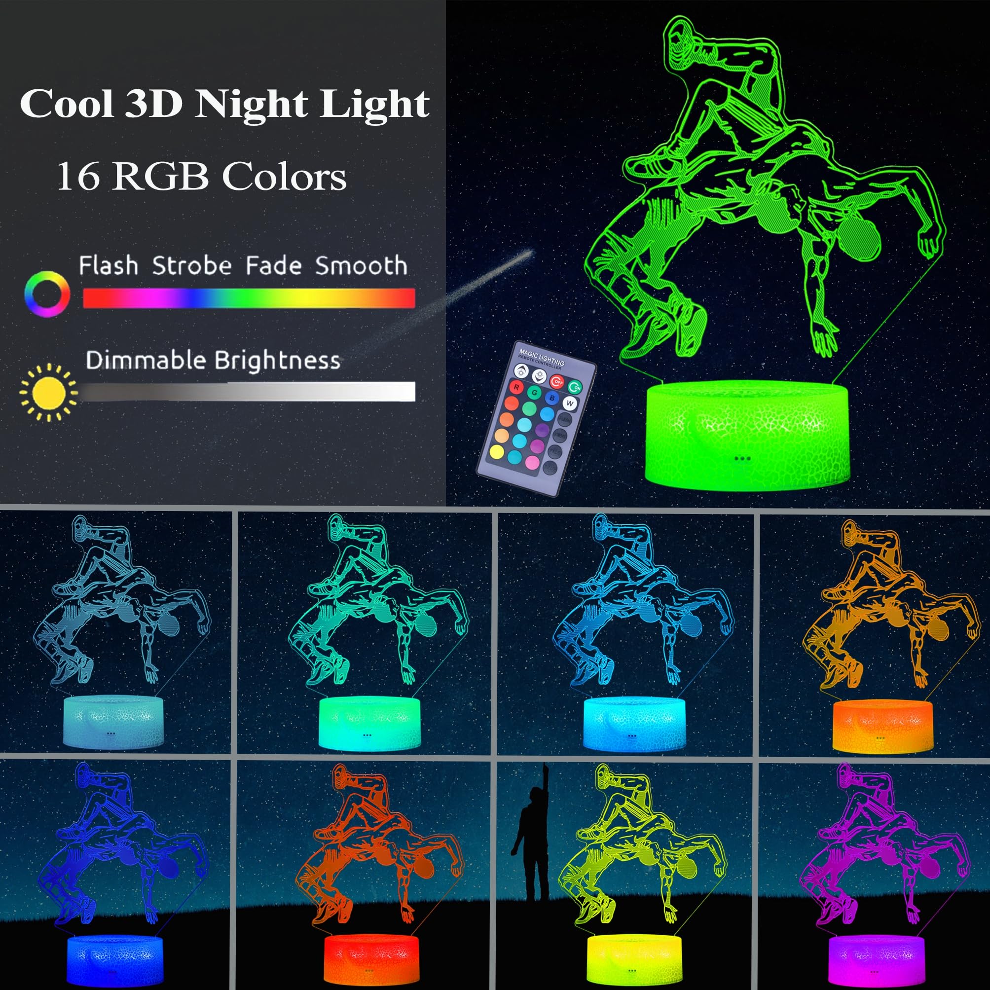 POSSHE 3D Wrestling Night Light - 16 Color Changing, Remote Control, Dimmable - Kids Room Decoration, Model MY-3D LAMP- , Style 4