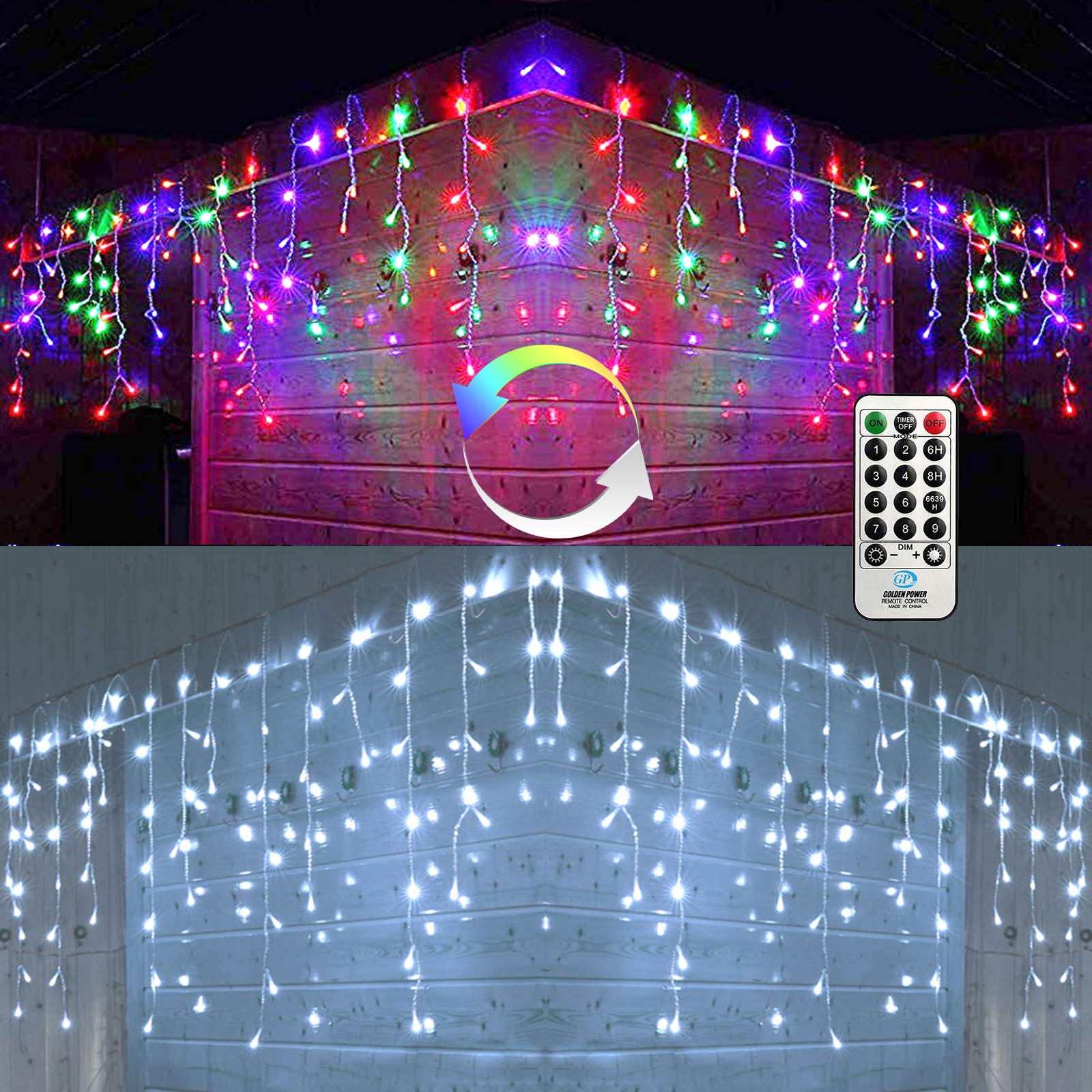 Toodour Icicle Christmas Lights, 360 LED Color Changing, 29.5ft, Remote Control, White & Multicolor, Model JT-EL/FC300V0200-C