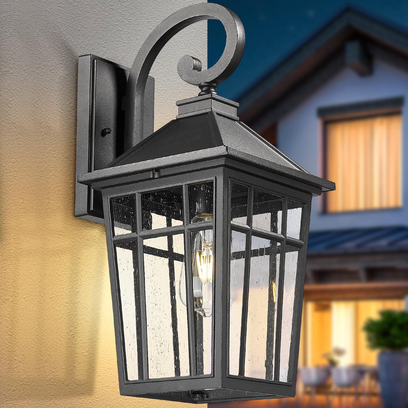 Darkaway Large Outdoor Wall Lights, Waterproof Black Aluminum Sconce with Seeded Glass, Model 6X24B-M BK, 18inch