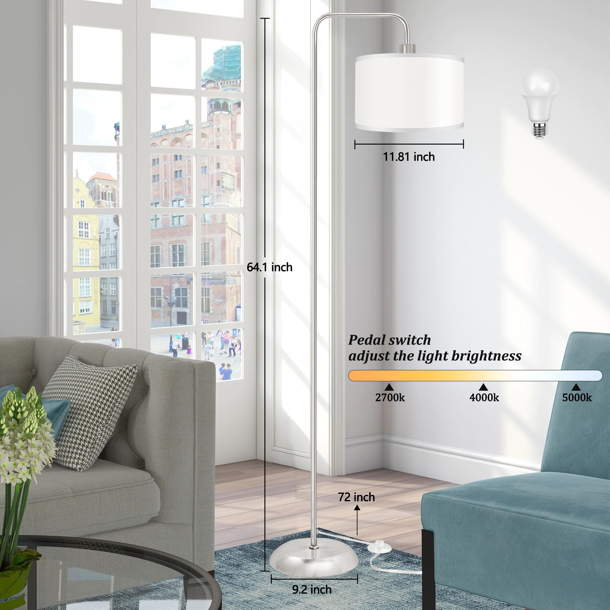 Partphoner Led Floor Lamp - 3 Color Temperatures, Modern Silver Standing Lamp With Foot Switch