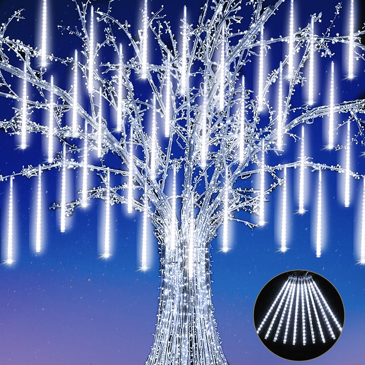 Jjgoo Christmas Lights Outdoor  Meteor Shower Rain Lights 10 Tube 12 Inch 240 Leds Icicle Raindrop Light For Xmas Tree Halloween Holiday Decoration  White