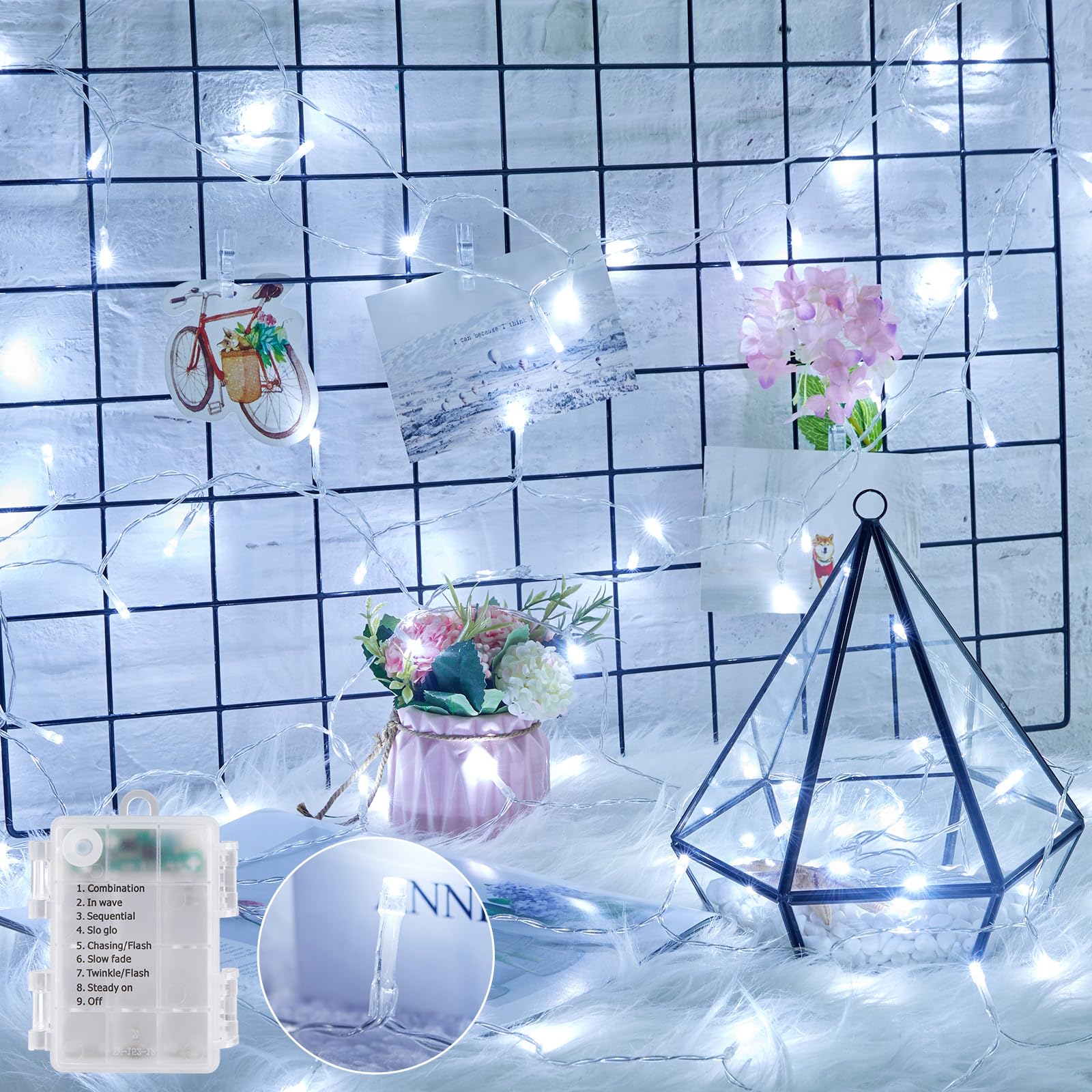 Minetom Battery Operated String Lights, 50 LED, 17 FT, Waterproof, 8 Modes, Pure White, Model 3AA-LUO