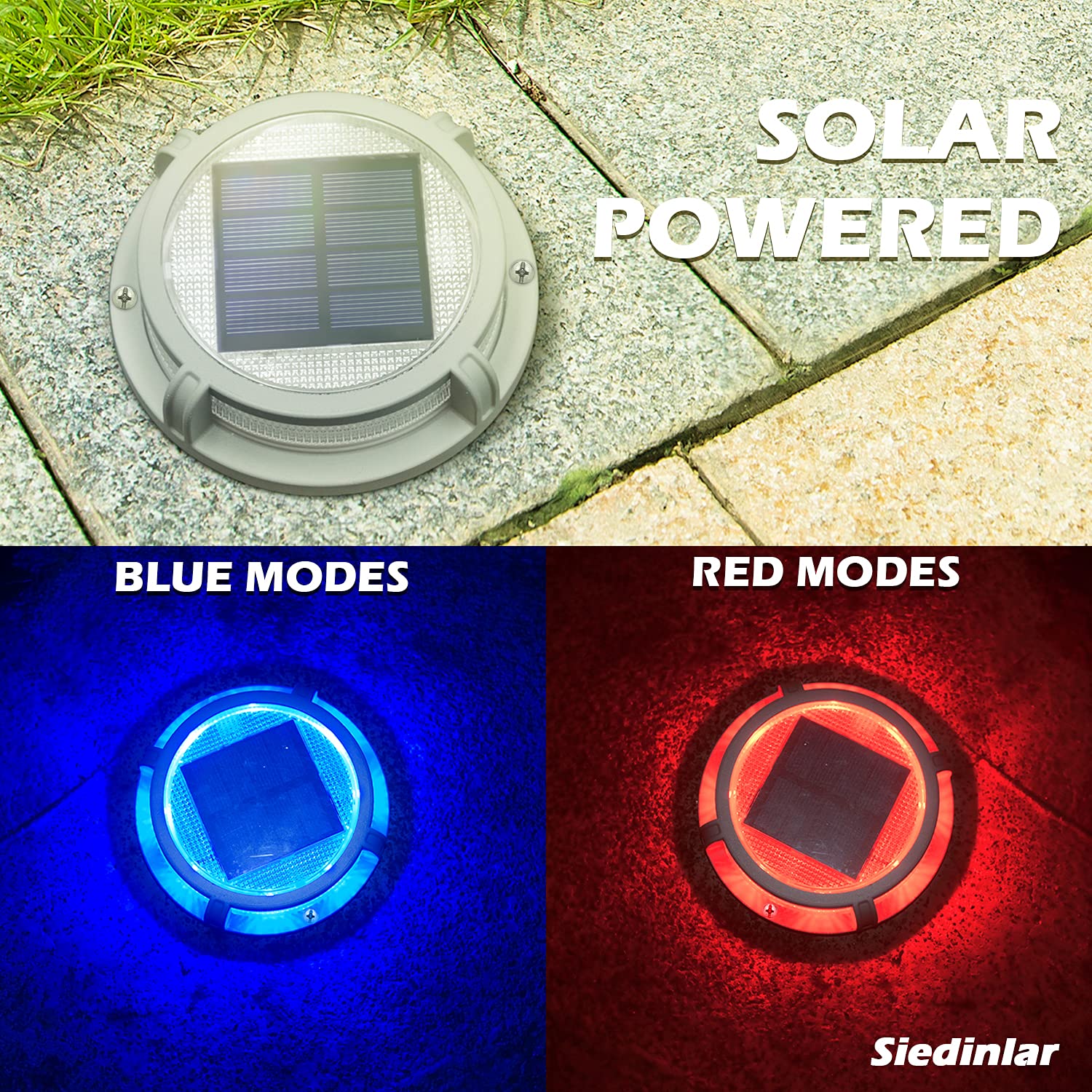 SIEDiNLAR Solar Deck Lights Outdoor 16 LEDs Waterproof Driveway Markers 4 Pack Blue/Red Model SD008-BR