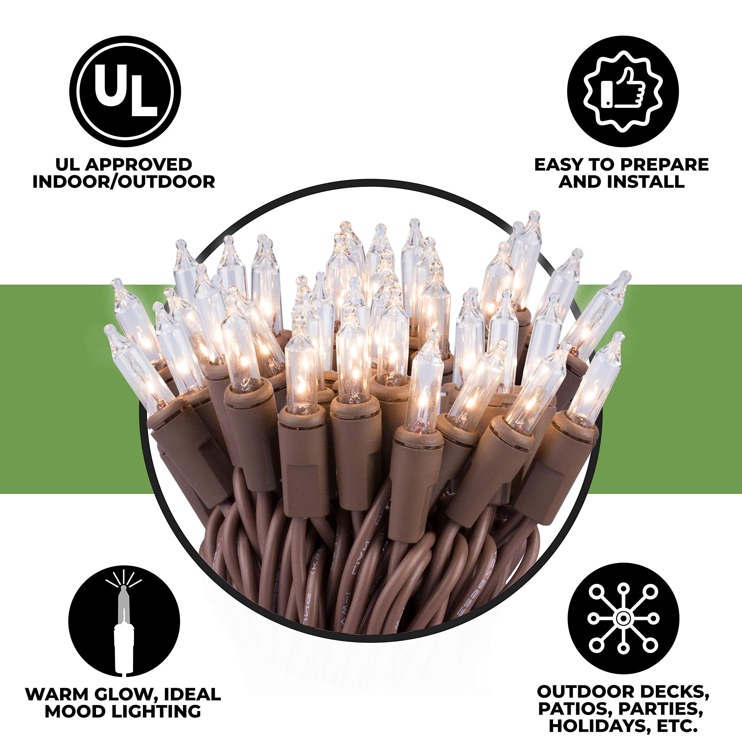 612 Vermont Mini Christmas String Lights, 100 Clear Lights on Brown Wire, UL Approved, 18ft Lighted Length, Pack of 2