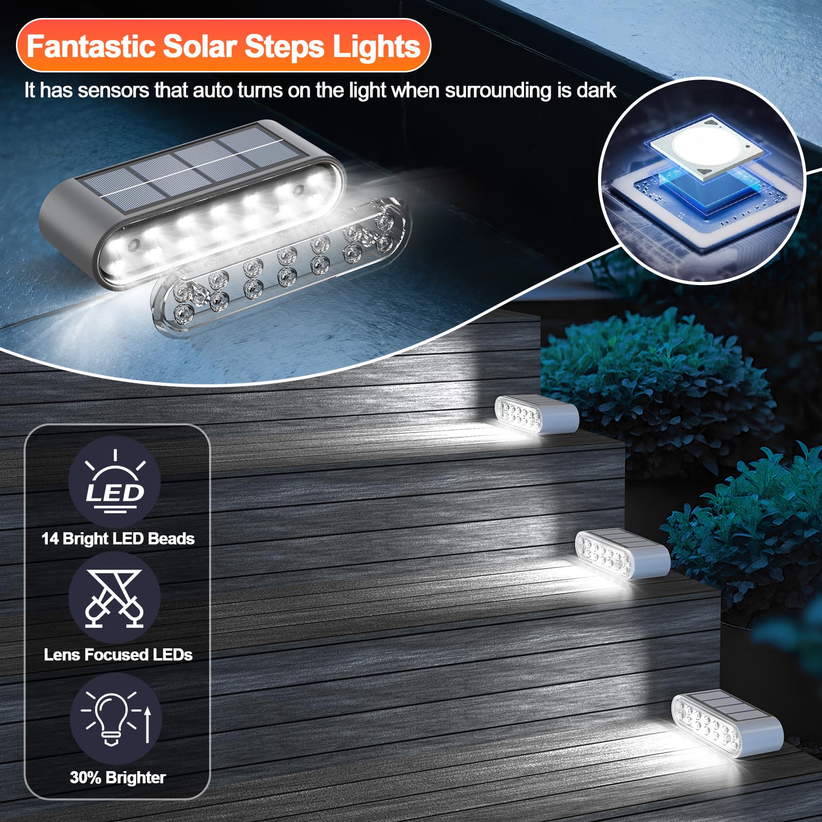Xillumi Core Solar Step Lights For Outside  6-Pack Stair Light Outdoor Waterproof Ip67  14 Led Cool White Light Solar Powered Lighting For Steps  Stairs  Deck  Patio  Walkway  Front Porch Decor