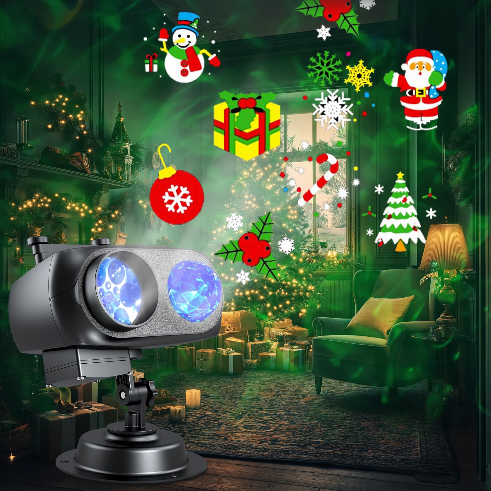 Christmas Projector Lights Outdoor - 2-in-1 HD Holiday Light Projector with Remote Control & Timer  IP65 Waterproof  10 Slides & 10 Colors Ocean Wave Effects for Yard  Garden  House  Xmas Decorations