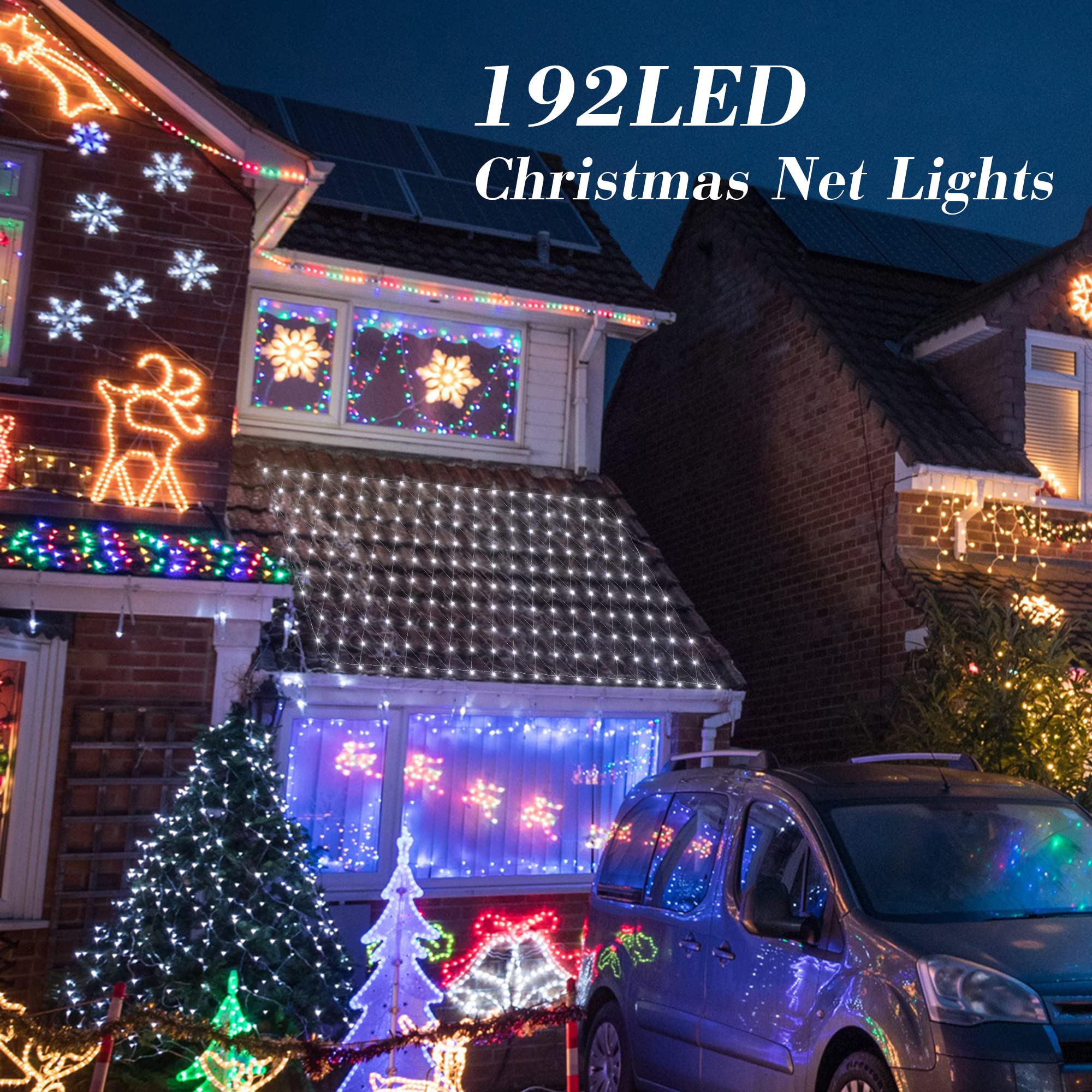 HEYFUNi 192 LED Net Lights, Waterproof Outdoor Mesh Lights, 8 Modes, 9.8ft x 6.6ft, White, Model QX-U-O-N-192-W